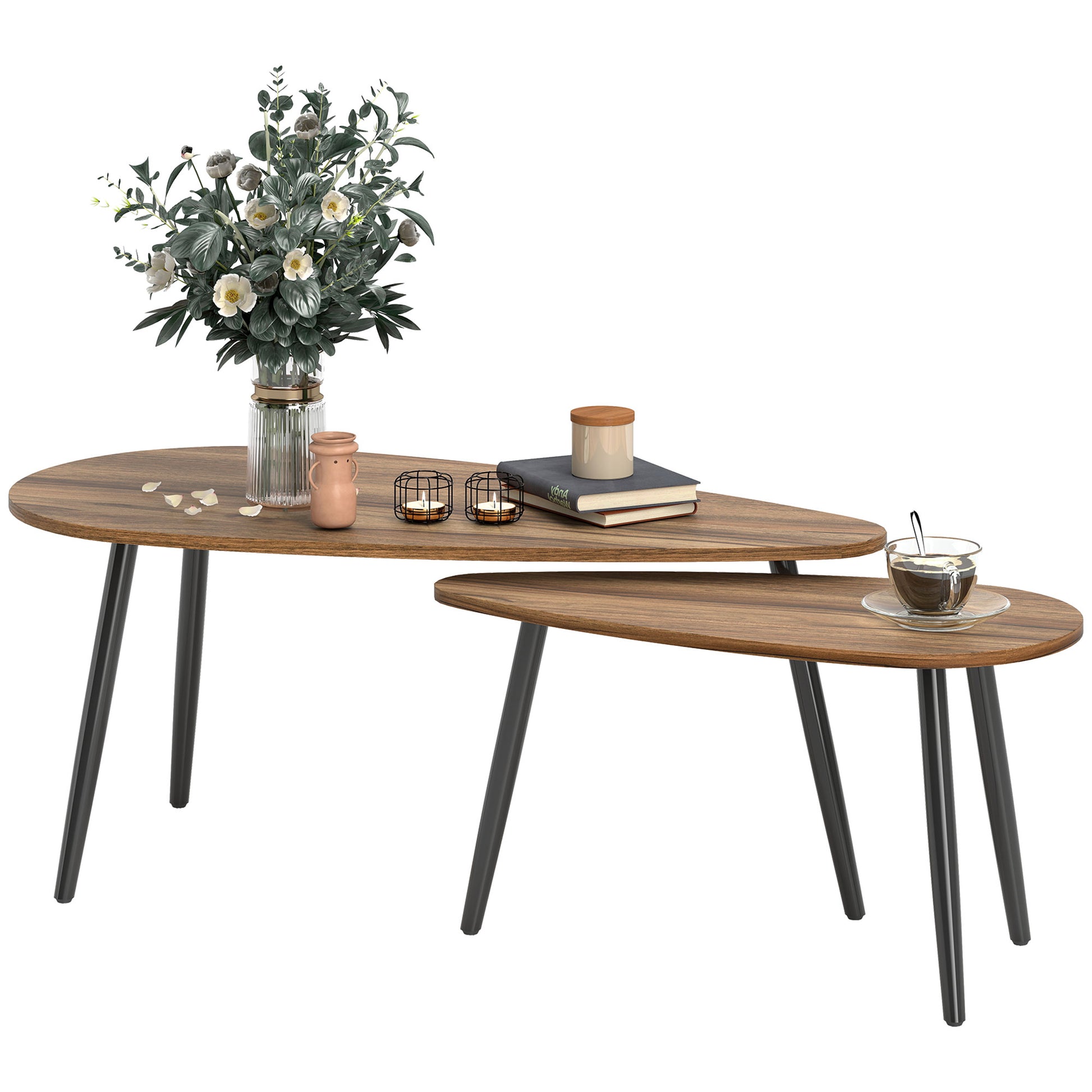 2 Pieces Coffee Table Set for Living Room, Industrial Nest of Tables with Steel Legs, Brown-Home Furnishings > Living Room Furniture > Coffee Tables-DECOROLALA