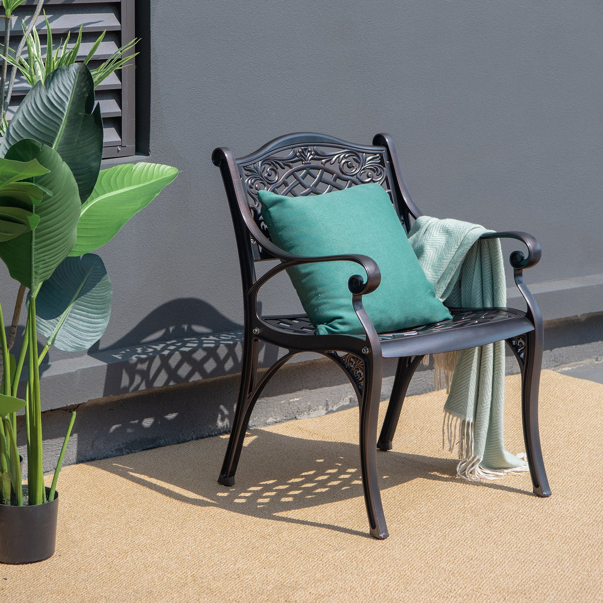 2-Piece Outdoor Cast Aluminum Chairs with Armrests and Curved Seats-Copper-Patio Dining Chairs-DECOROLALA