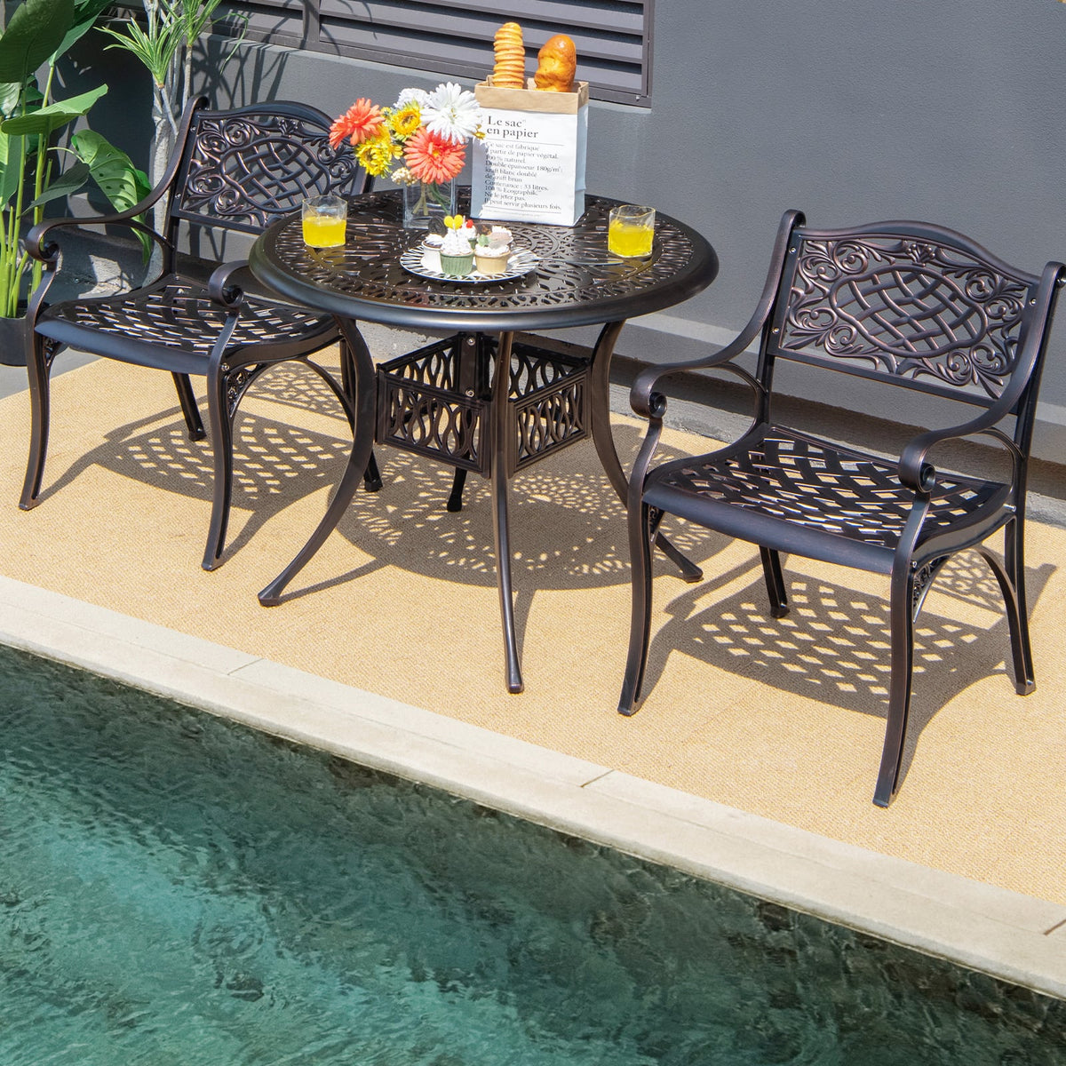 2-Piece Outdoor Cast Aluminum Chairs with Armrests and Curved Seats-Copper-Patio Dining Chairs-DECOROLALA