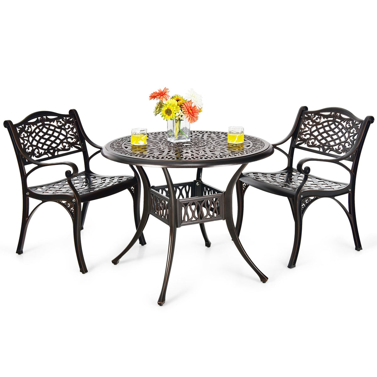 2-Piece Outdoor Cast Aluminum Chairs with Armrests and Curved Seats-Copper-Patio Dining Chairs-DECOROLALA