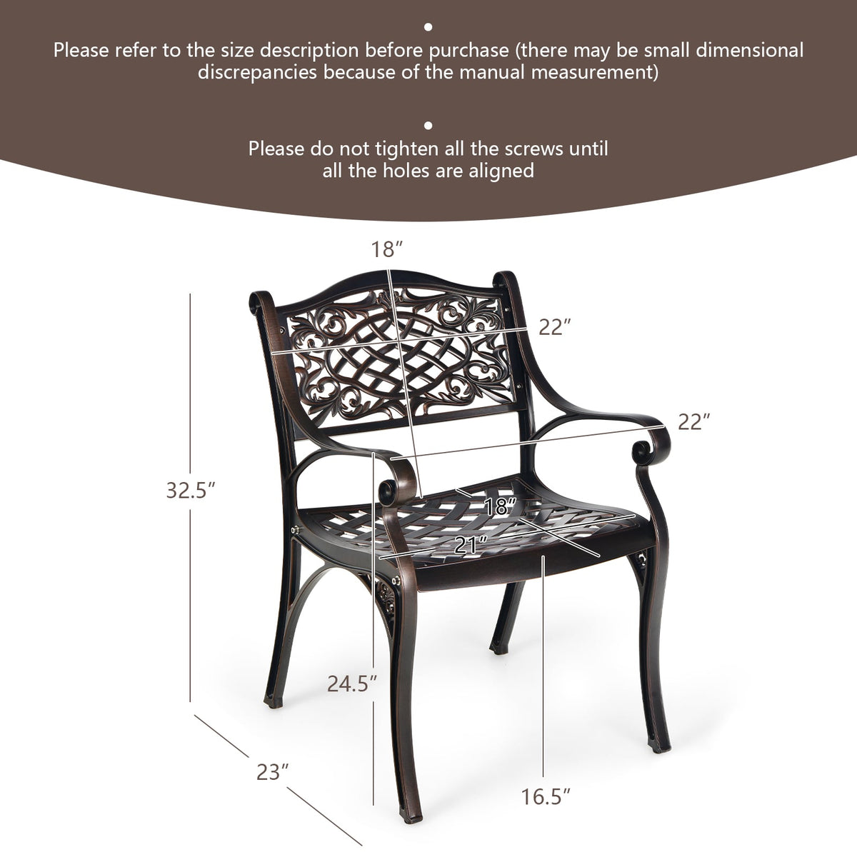2-Piece Outdoor Cast Aluminum Chairs with Armrests and Curved Seats-Copper-Patio Dining Chairs-DECOROLALA