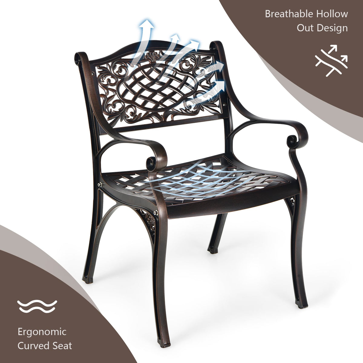 2-Piece Outdoor Cast Aluminum Chairs with Armrests and Curved Seats-Copper-Patio Dining Chairs-DECOROLALA