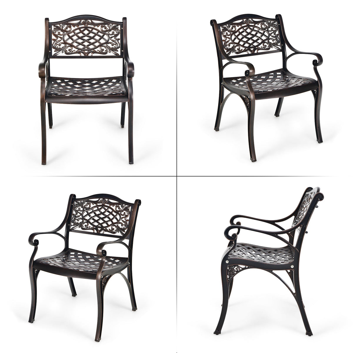 2-Piece Outdoor Cast Aluminum Chairs with Armrests and Curved Seats-Copper-Patio Dining Chairs-DECOROLALA