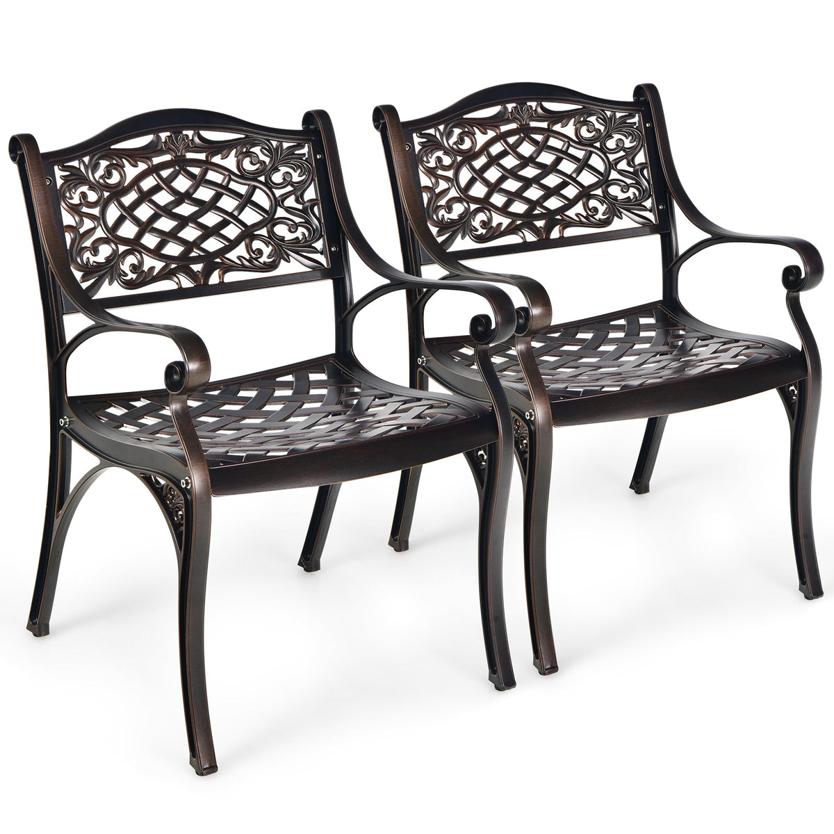 2-Piece Outdoor Cast Aluminum Chairs with Armrests and Curved Seats-Copper-Patio Dining Chairs-DECOROLALA