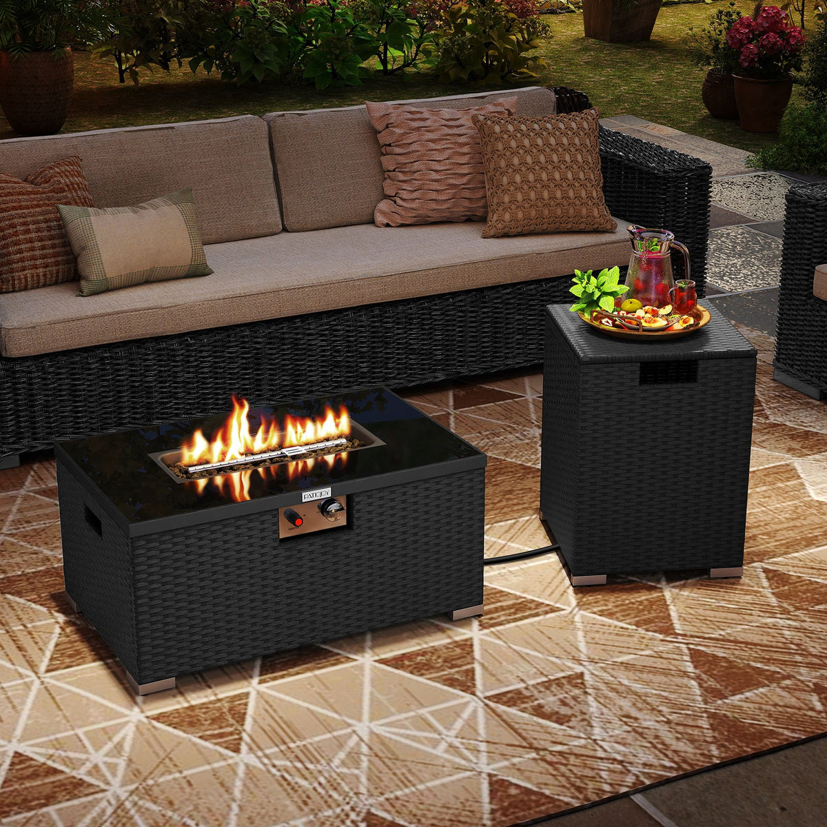 2-Piece Outdoor Rattan Fire Table Set 32 Inch Rectangle Gas Firepit with Tank Cover-Black-Fire Pit Tables-DECOROLALA