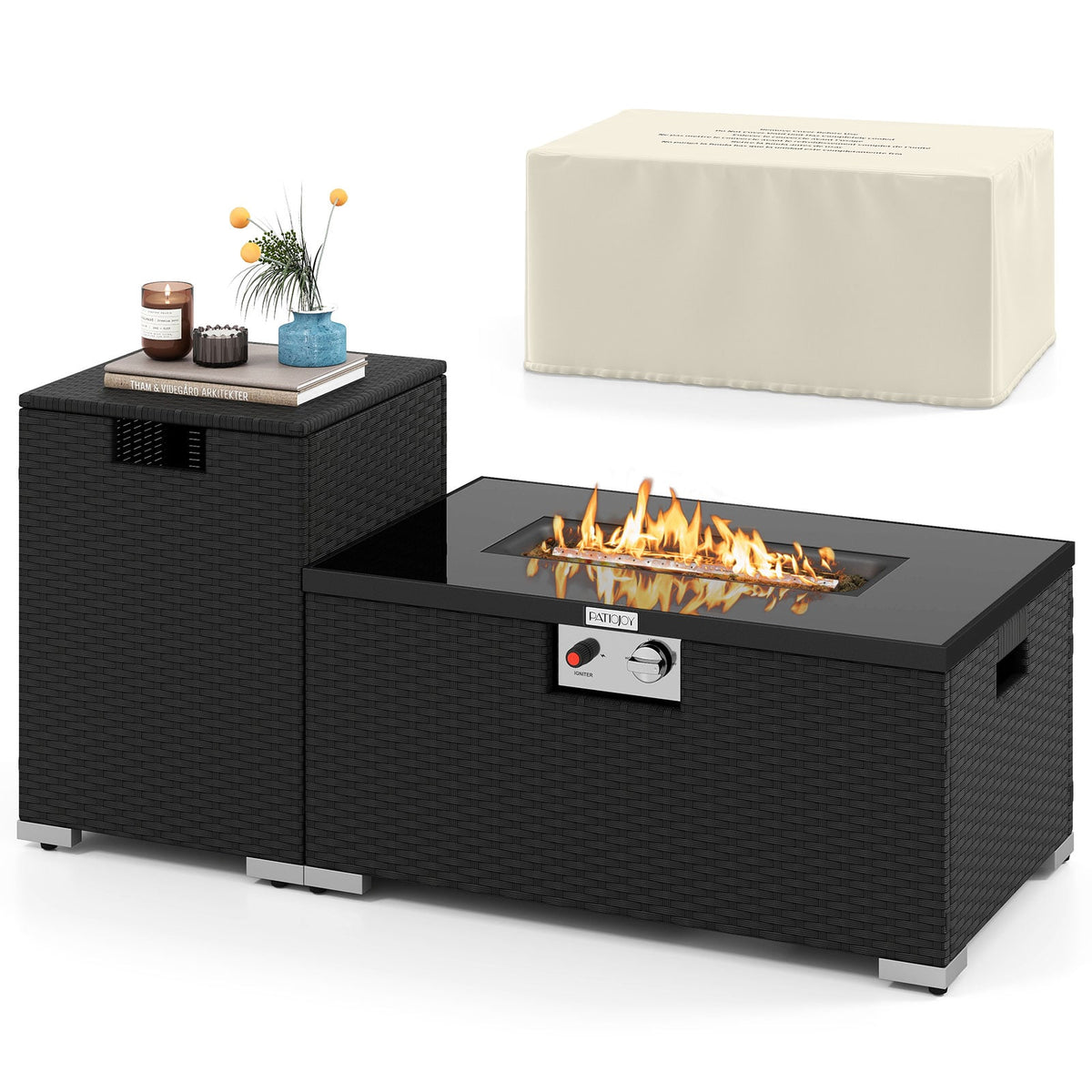 2-Piece Outdoor Rattan Fire Table Set 32 Inch Rectangle Gas Firepit with Tank Cover-Black-Fire Pit Tables-DECOROLALA