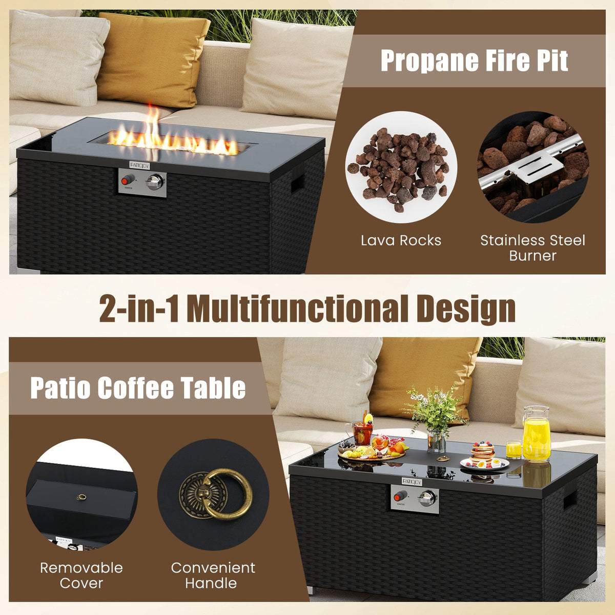 2-Piece Outdoor Rattan Fire Table Set 32 Inch Rectangle Gas Firepit with Tank Cover-Black-Fire Pit Tables-DECOROLALA
