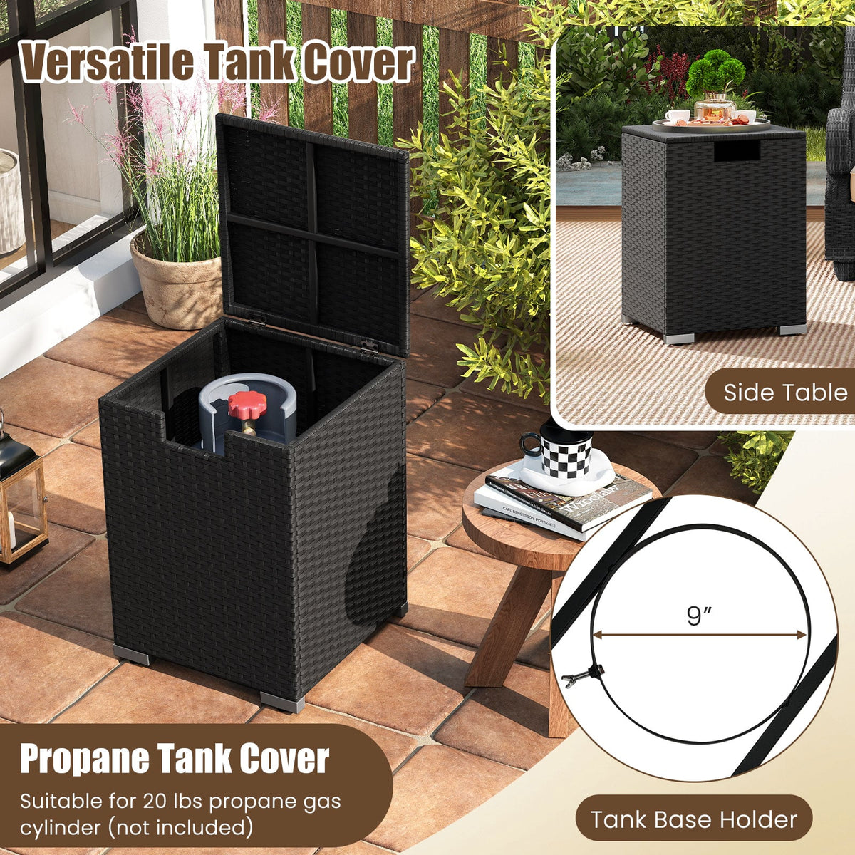 2-Piece Outdoor Rattan Fire Table Set 32 Inch Rectangle Gas Firepit with Tank Cover-Black-Fire Pit Tables-DECOROLALA