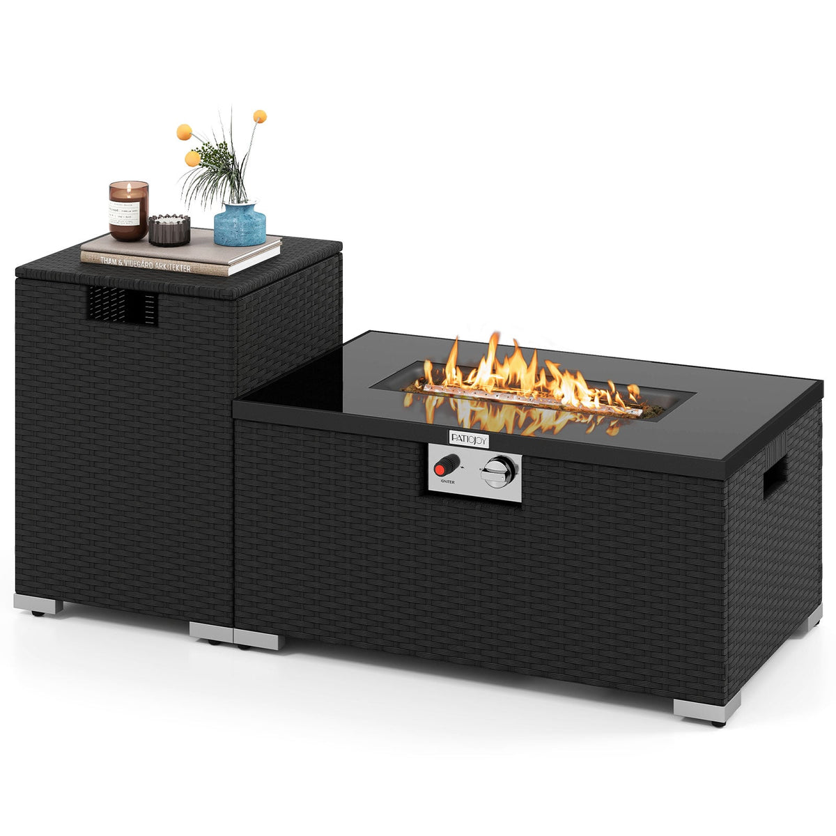 2-Piece Outdoor Rattan Fire Table Set 32 Inch Rectangle Gas Firepit with Tank Cover-Black-Fire Pit Tables-DECOROLALA