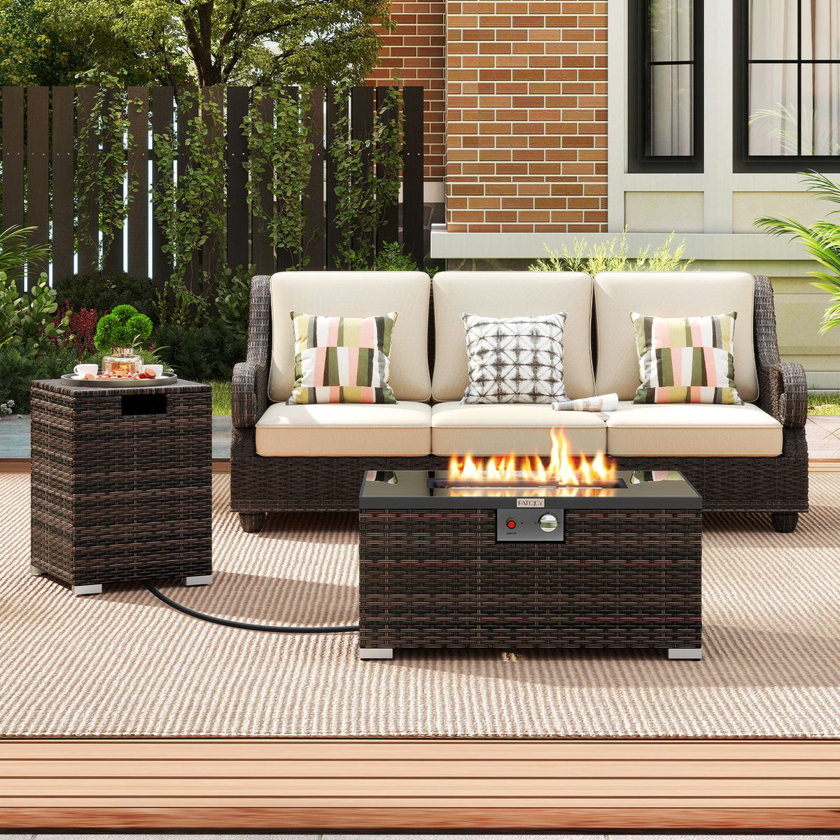 2-Piece Outdoor Rattan Fire Table Set 32 Inch Rectangle Gas Firepit with Tank Cover-Brown-Fire Pit Tables-DECOROLALA