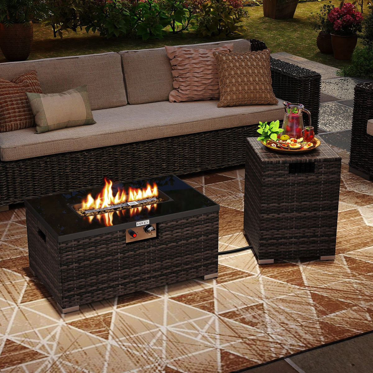 2-Piece Outdoor Rattan Fire Table Set 32 Inch Rectangle Gas Firepit with Tank Cover-Brown-Fire Pit Tables-DECOROLALA