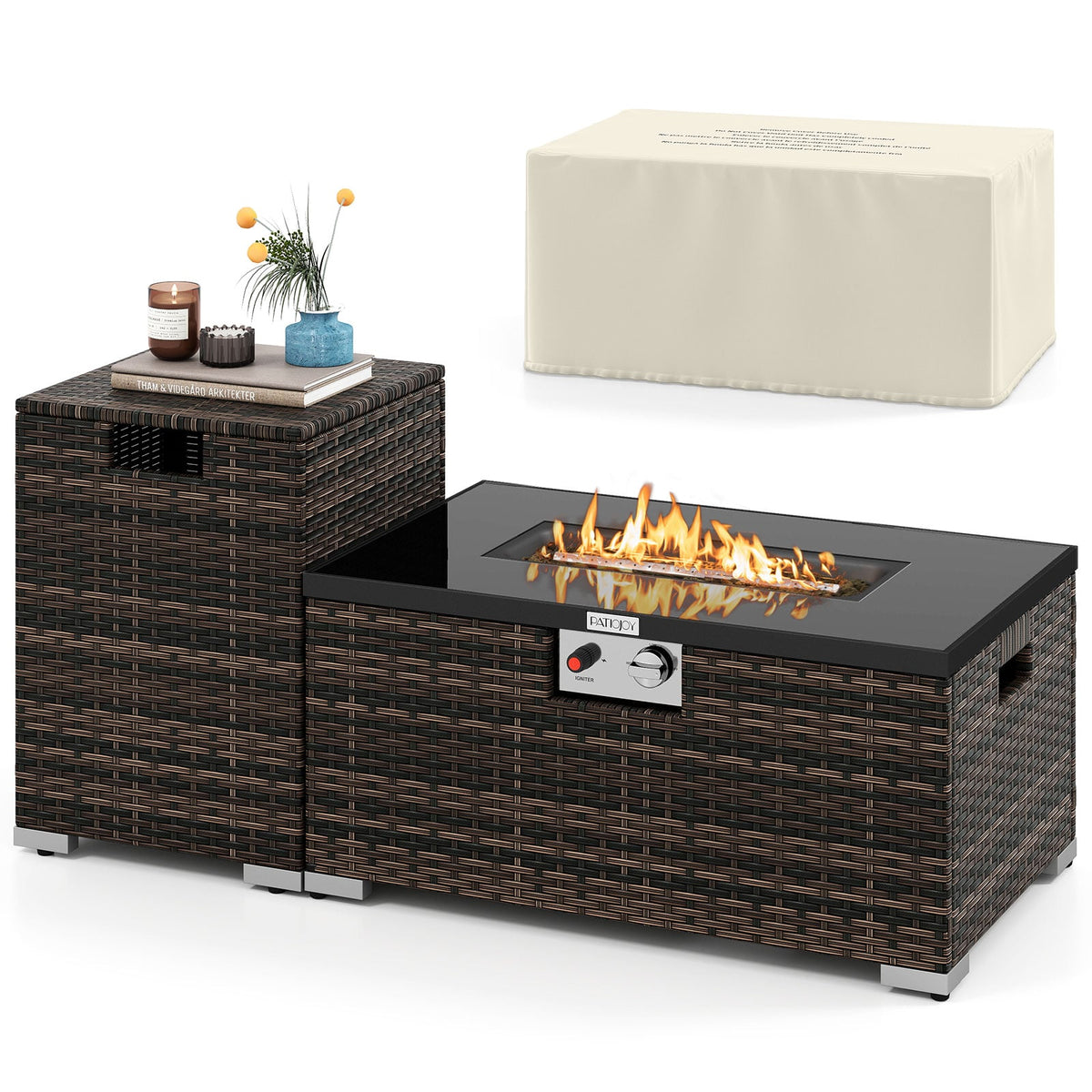 2-Piece Outdoor Rattan Fire Table Set 32 Inch Rectangle Gas Firepit with Tank Cover-Brown-Fire Pit Tables-DECOROLALA