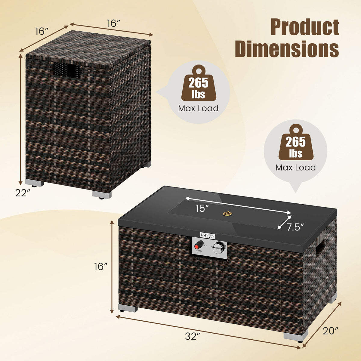 2-Piece Outdoor Rattan Fire Table Set 32 Inch Rectangle Gas Firepit with Tank Cover-Brown-Fire Pit Tables-DECOROLALA