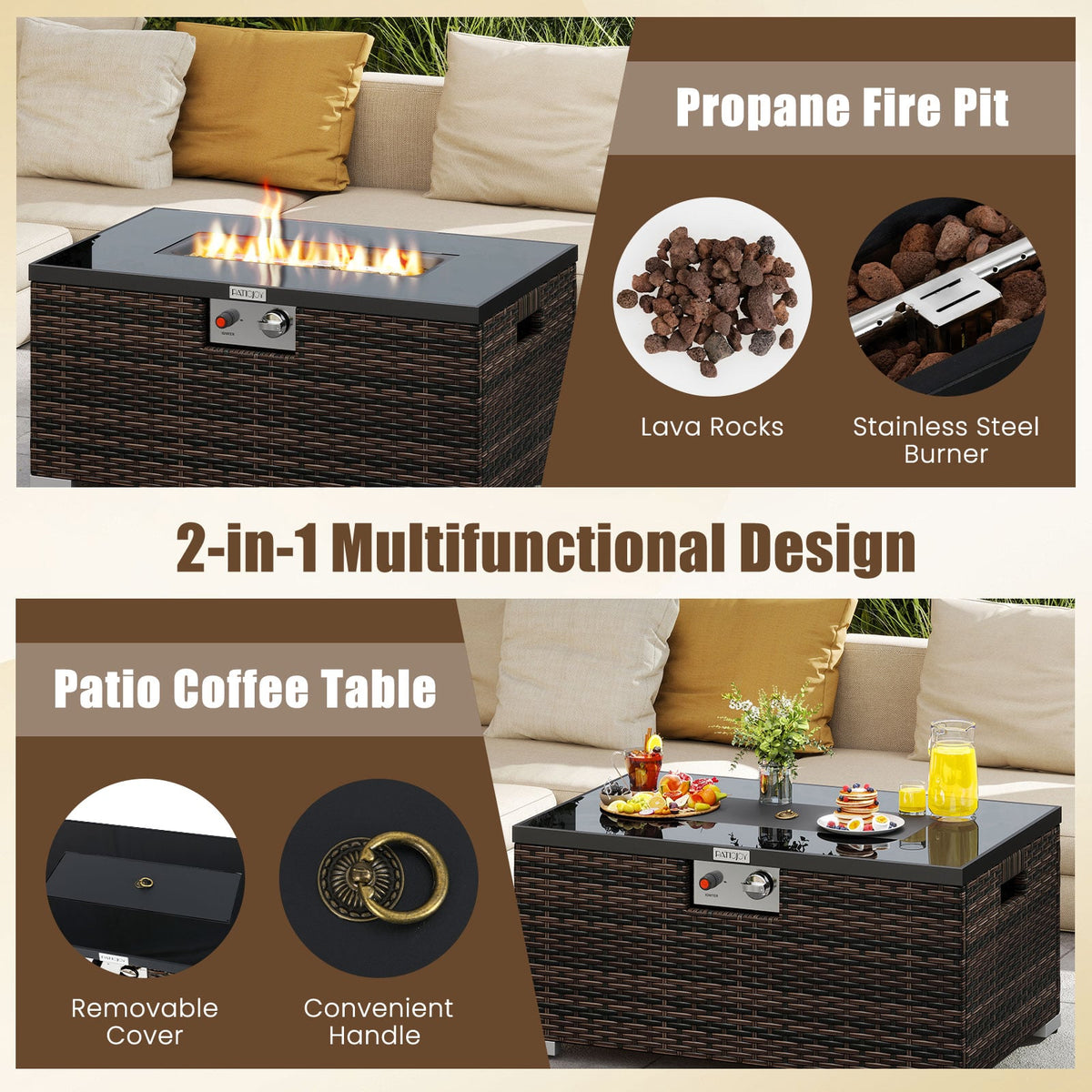 2-Piece Outdoor Rattan Fire Table Set 32 Inch Rectangle Gas Firepit with Tank Cover-Brown-Fire Pit Tables-DECOROLALA