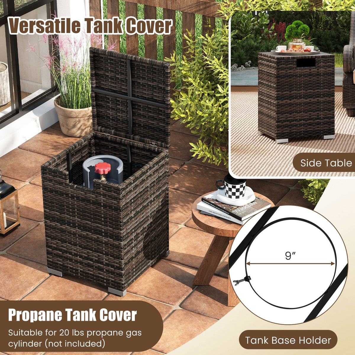 2-Piece Outdoor Rattan Fire Table Set 32 Inch Rectangle Gas Firepit with Tank Cover-Brown-Fire Pit Tables-DECOROLALA