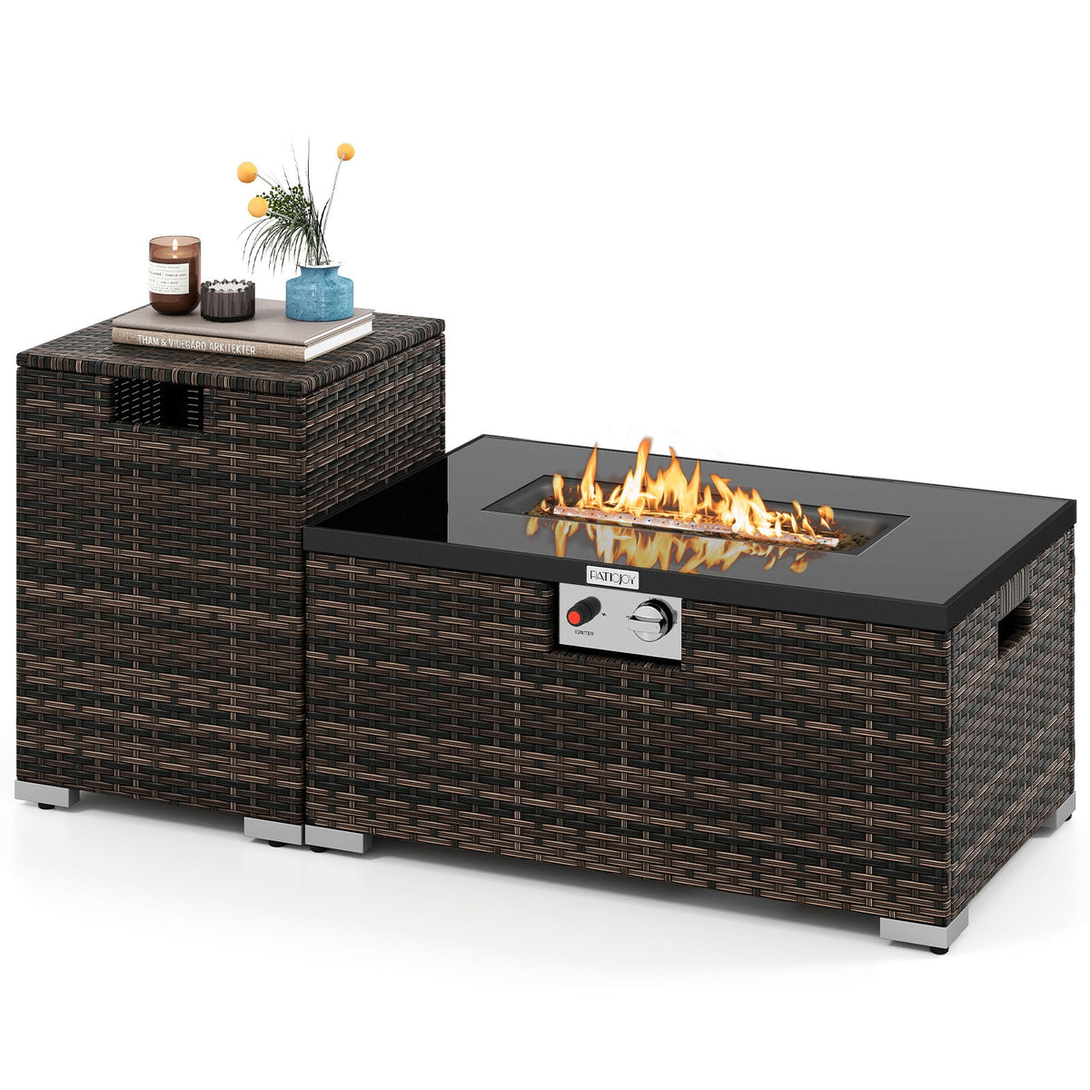 2-Piece Outdoor Rattan Fire Table Set 32 Inch Rectangle Gas Firepit with Tank Cover-Brown-Fire Pit Tables-DECOROLALA