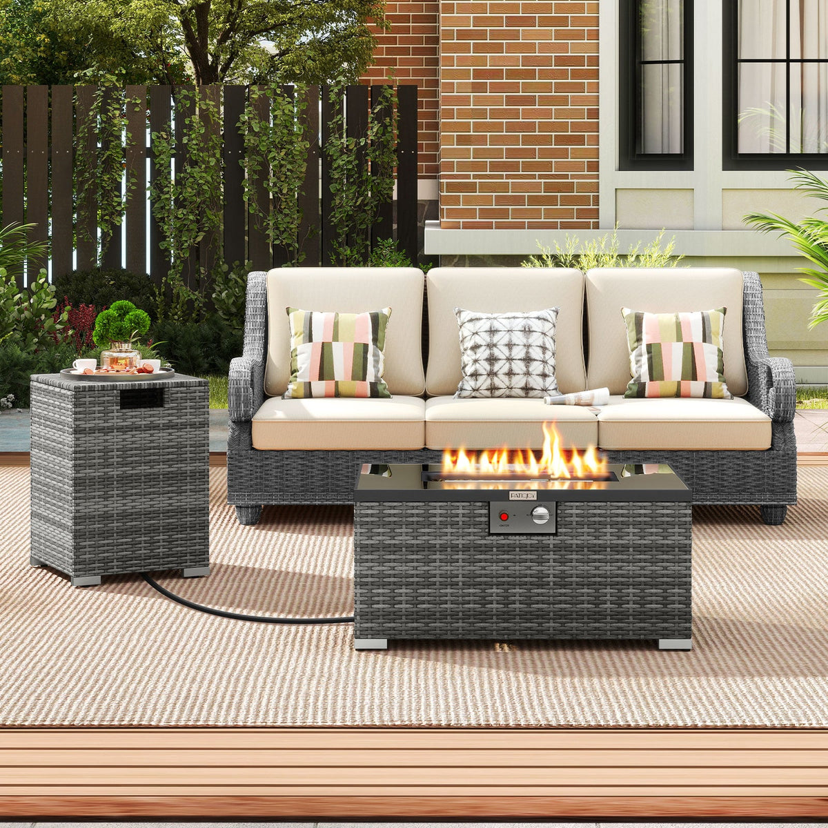 2-Piece Outdoor Rattan Fire Table Set 32 Inch Rectangle Gas Firepit with Tank Cover-Gray-Fire Pit Tables-DECOROLALA