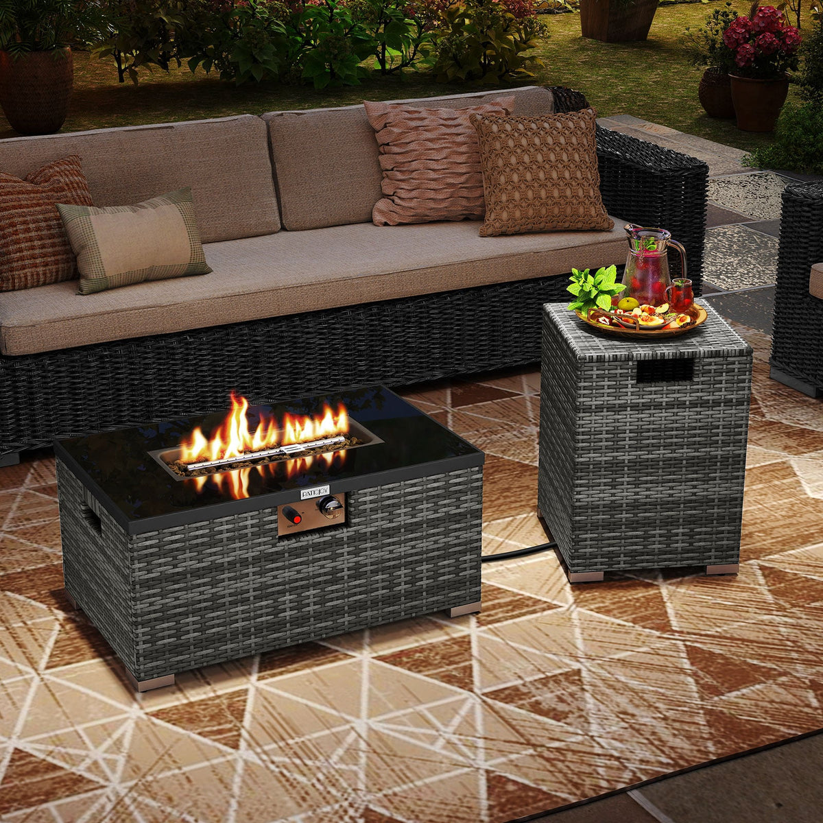 2-Piece Outdoor Rattan Fire Table Set 32 Inch Rectangle Gas Firepit with Tank Cover-Gray-Fire Pit Tables-DECOROLALA