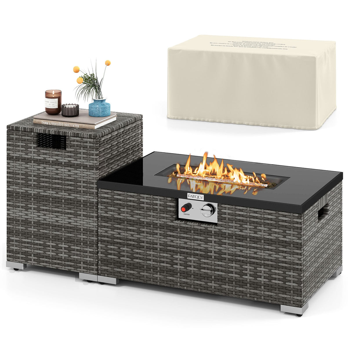 2-Piece Outdoor Rattan Fire Table Set 32 Inch Rectangle Gas Firepit with Tank Cover-Gray-Fire Pit Tables-DECOROLALA
