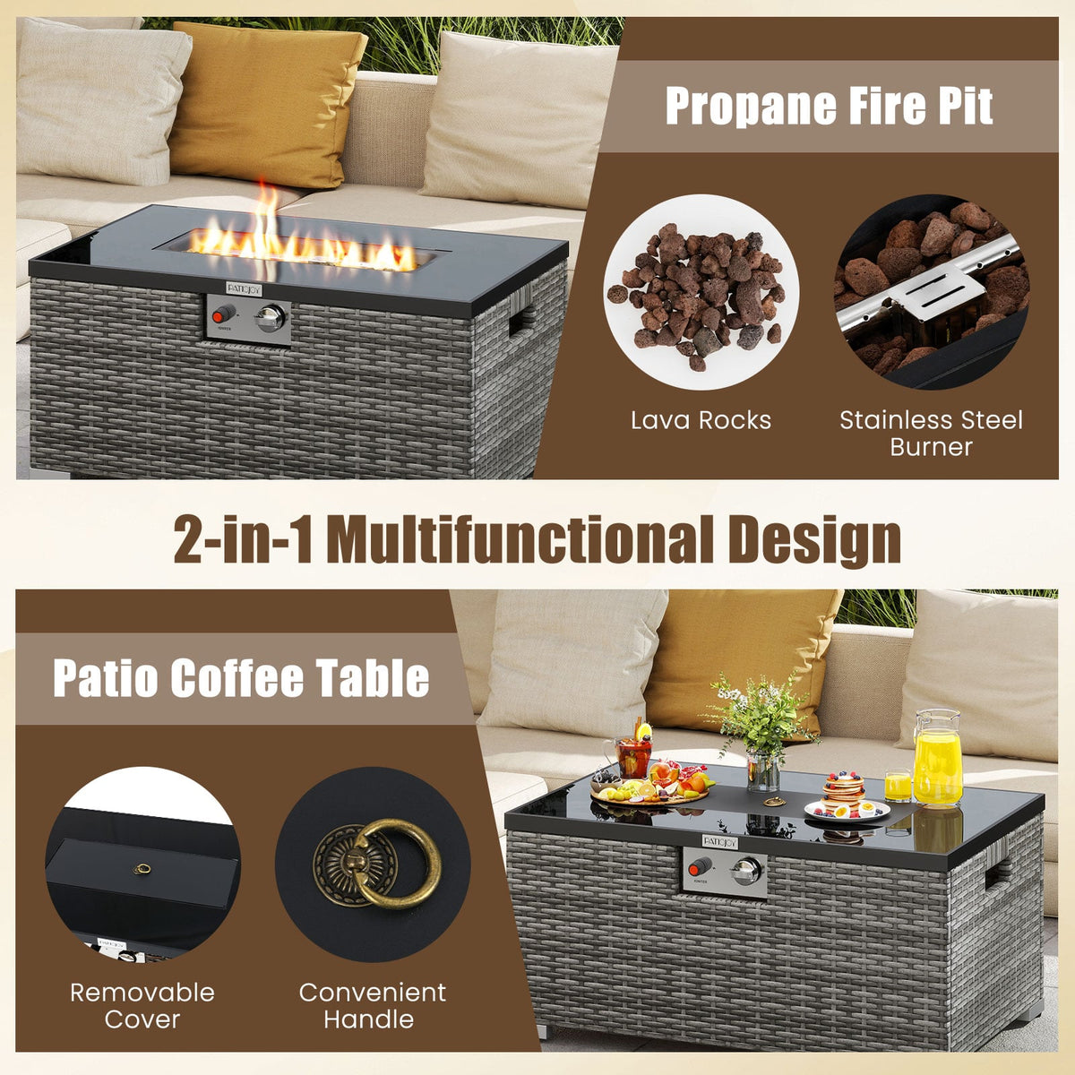 2-Piece Outdoor Rattan Fire Table Set 32 Inch Rectangle Gas Firepit with Tank Cover-Gray-Fire Pit Tables-DECOROLALA