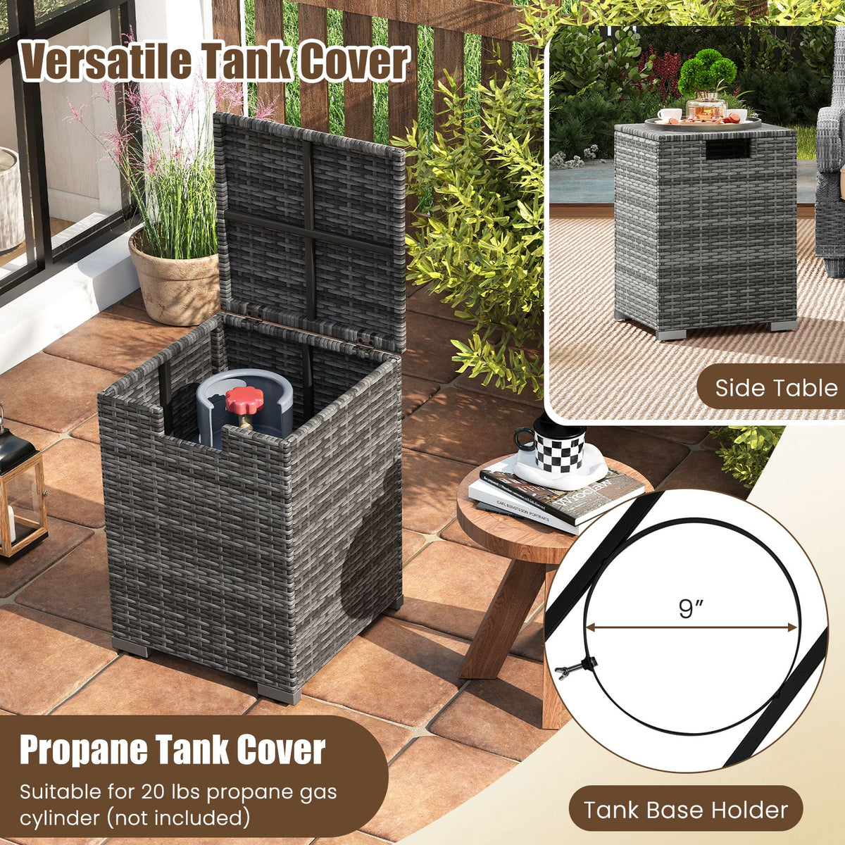 2-Piece Outdoor Rattan Fire Table Set 32 Inch Rectangle Gas Firepit with Tank Cover-Gray-Fire Pit Tables-DECOROLALA