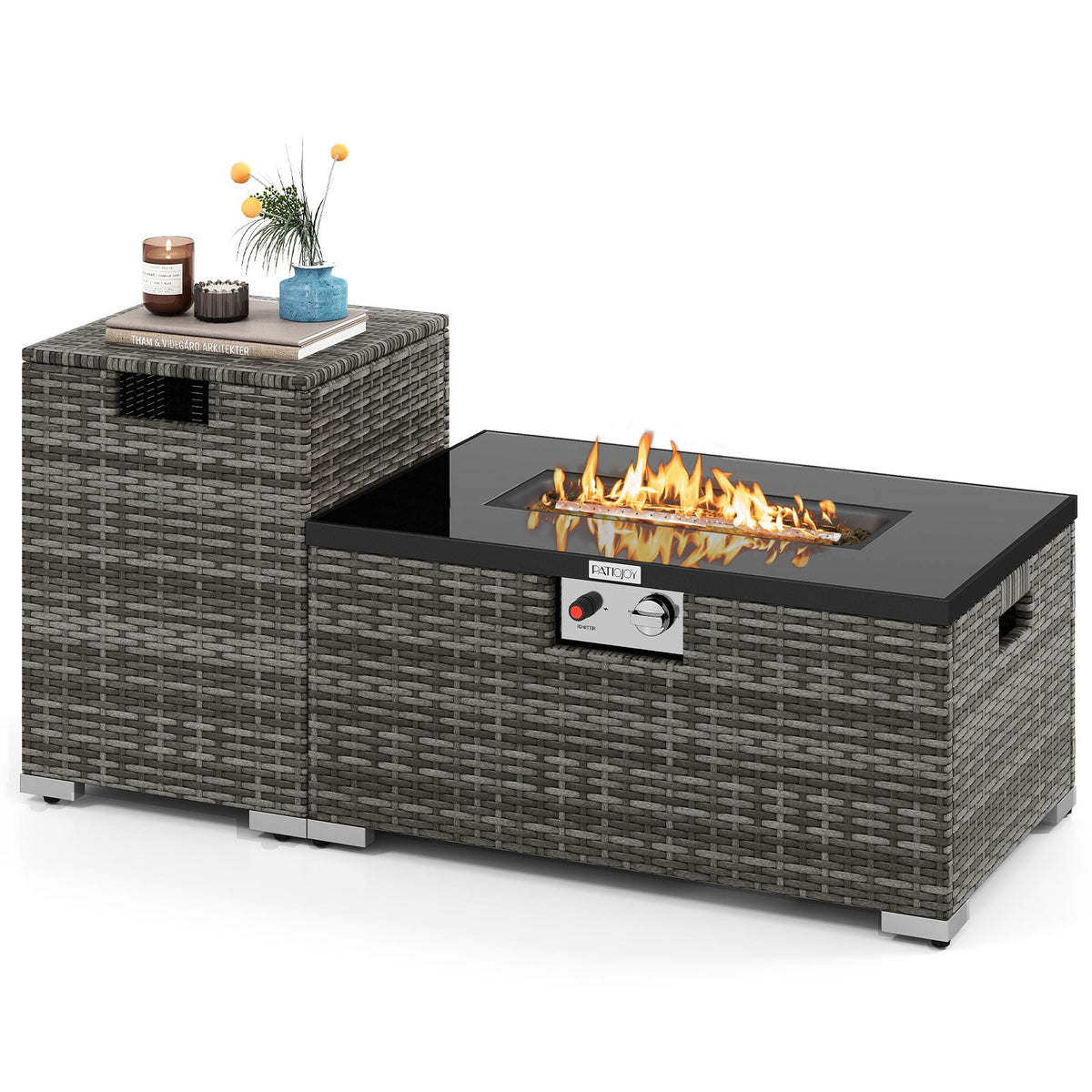 2-Piece Outdoor Rattan Fire Table Set 32 Inch Rectangle Gas Firepit with Tank Cover-Gray-Fire Pit Tables-DECOROLALA