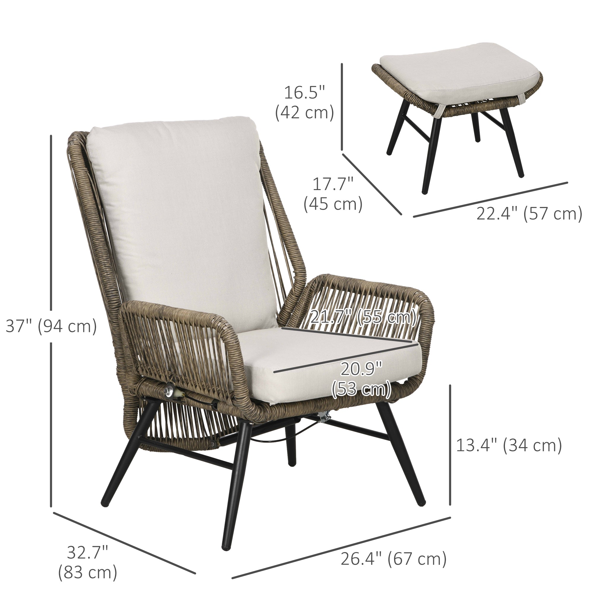 2-Piece Outdoor Rattan Recliner & Footrest Set, Khaki with Adjustable Backrest-DECOROLALA