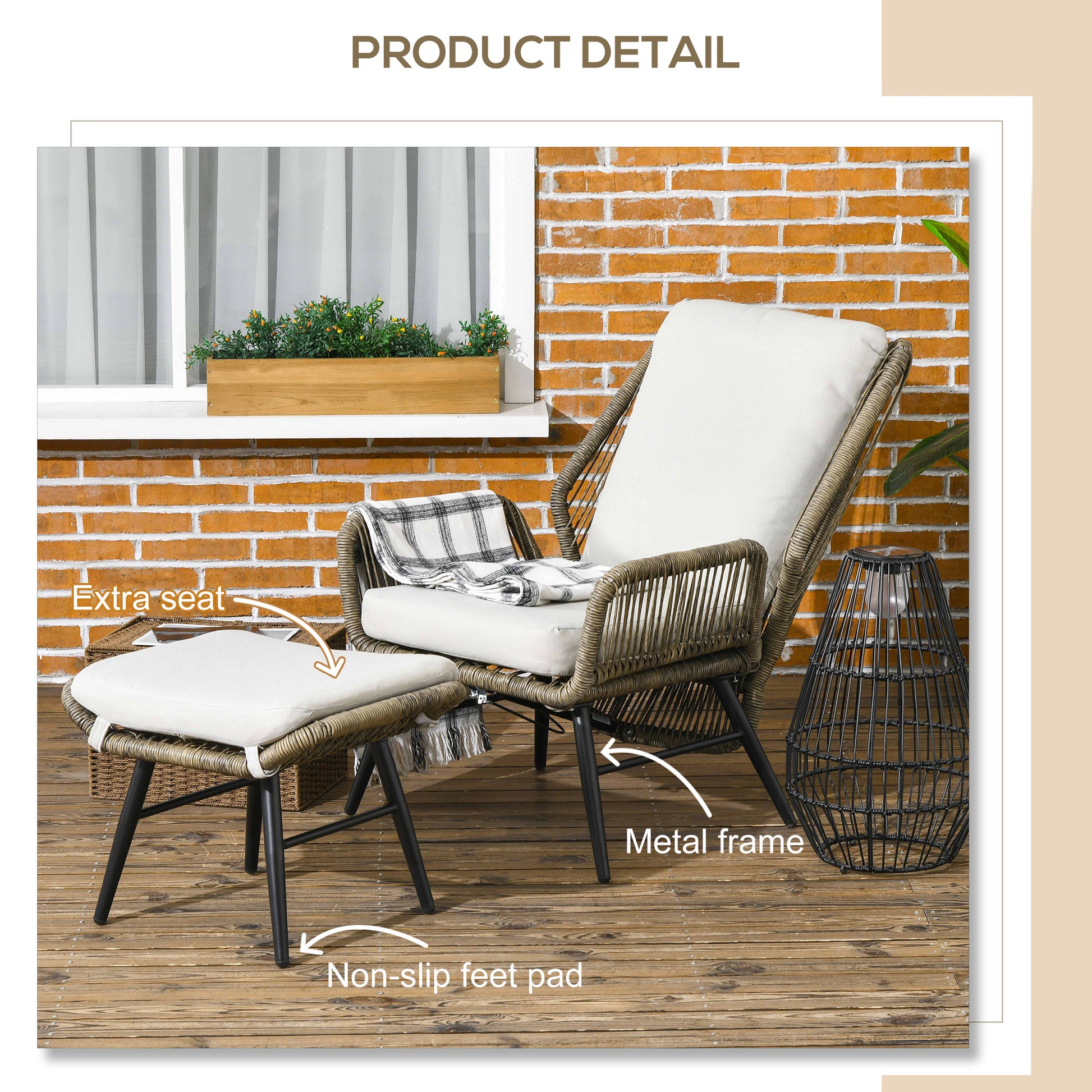 2-Piece Outdoor Rattan Recliner & Footrest Set, Khaki with Adjustable Backrest-DECOROLALA