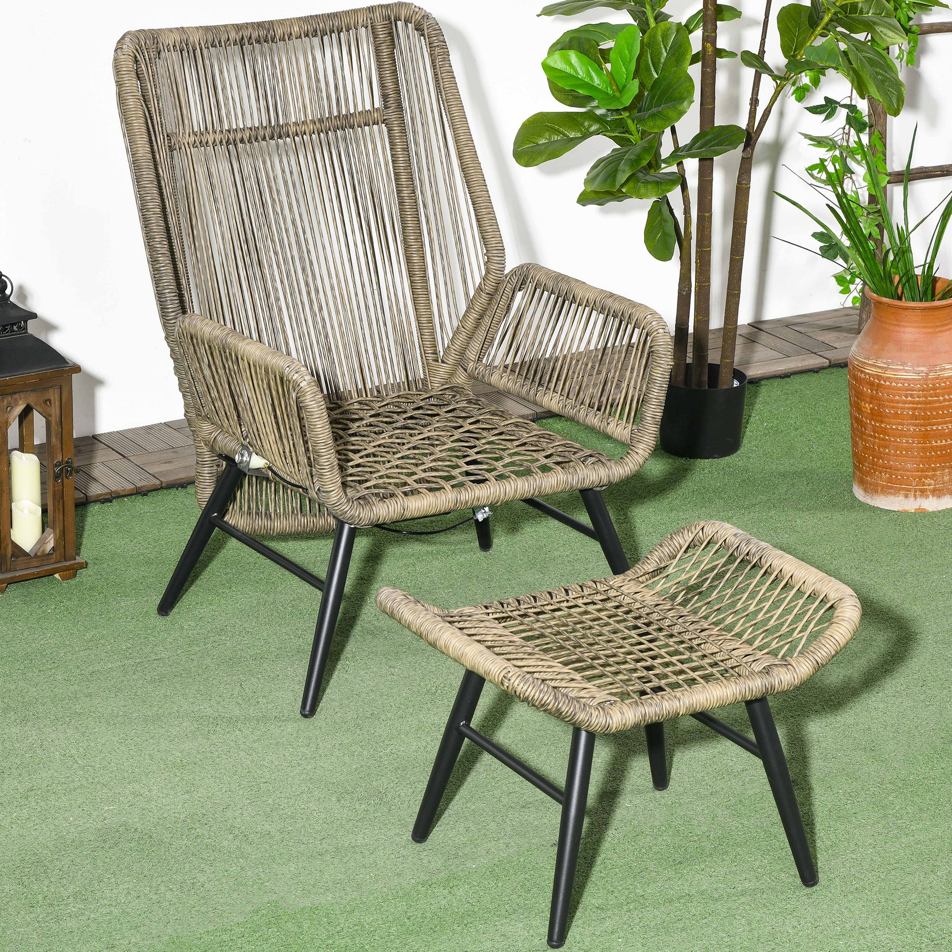 2-Piece Outdoor Rattan Recliner & Footrest Set, Khaki with Adjustable Backrest-DECOROLALA