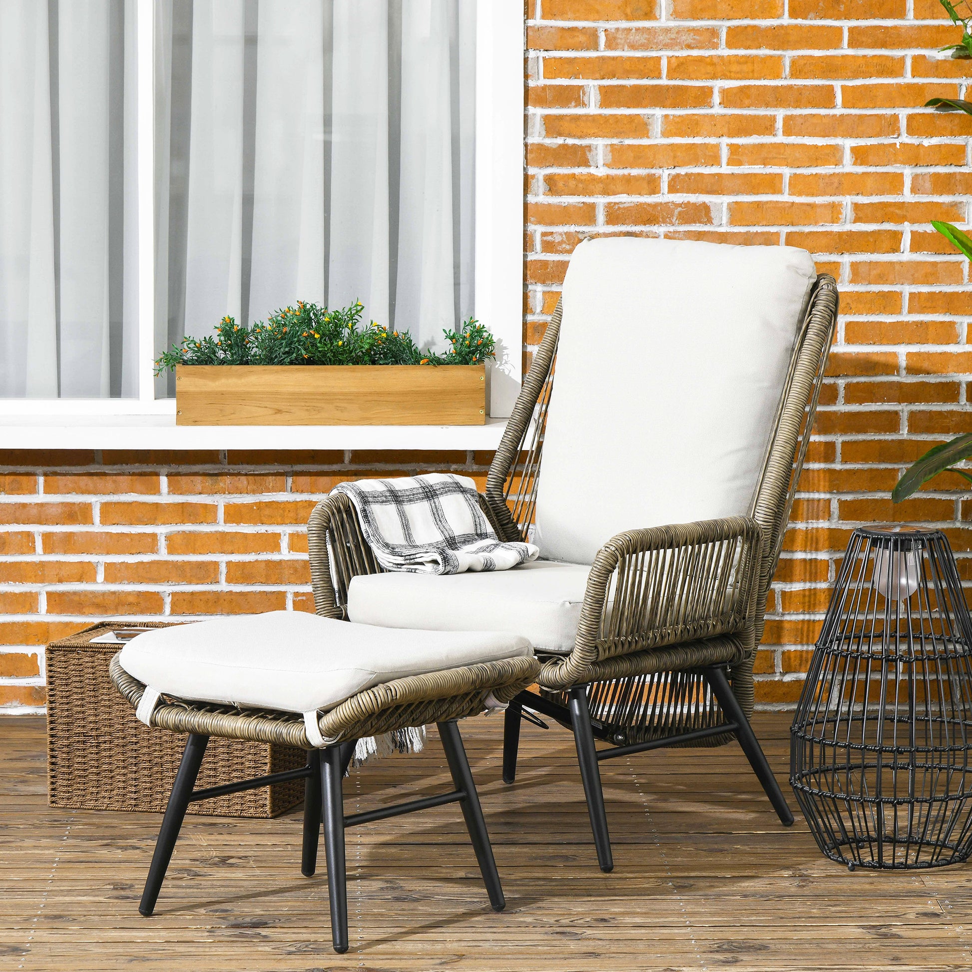2-Piece Outdoor Rattan Recliner & Footrest Set, Khaki with Adjustable Backrest-DECOROLALA