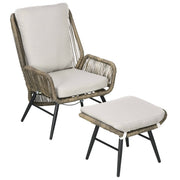 2-Piece Outdoor Rattan Recliner & Footrest Set, Khaki with Adjustable Backrest-DECOROLALA