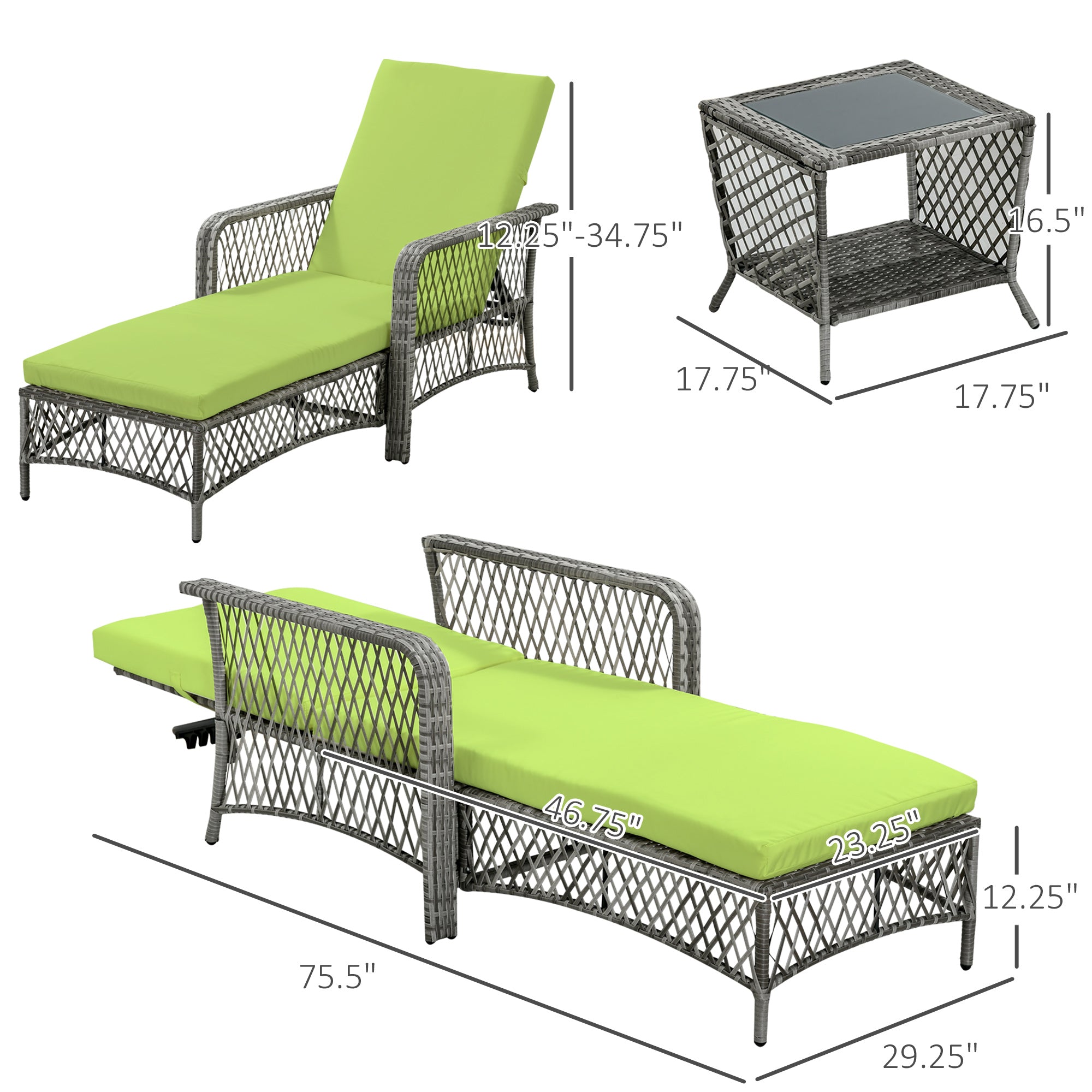 2 Piece PE Rattan Patio Lounge Set w/ Cushions & Glass Table-DECOROLALA