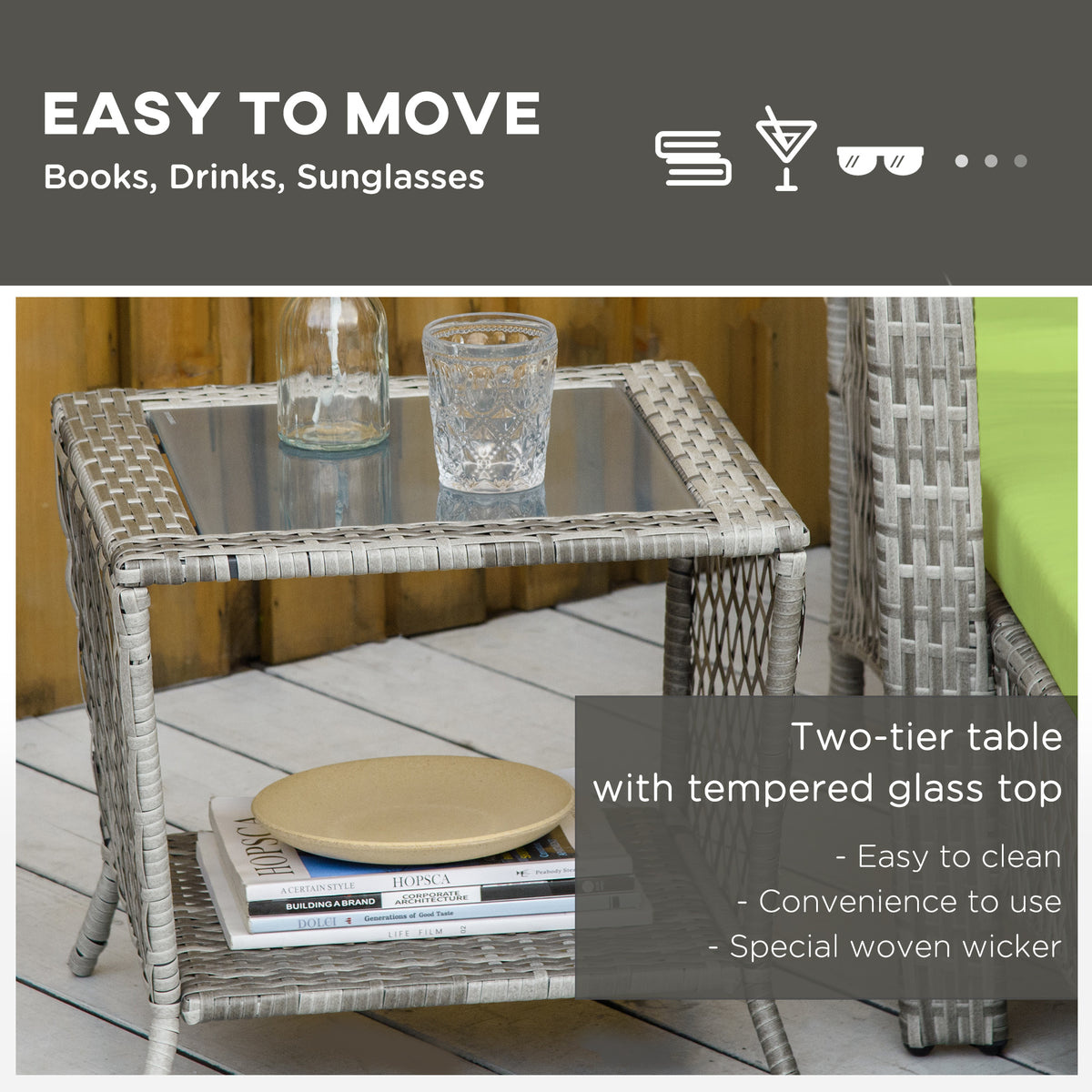 2 Piece PE Rattan Patio Lounge Set w/ Cushions & Glass Table-Outdoor Chaise Lounges-DECOROLALA