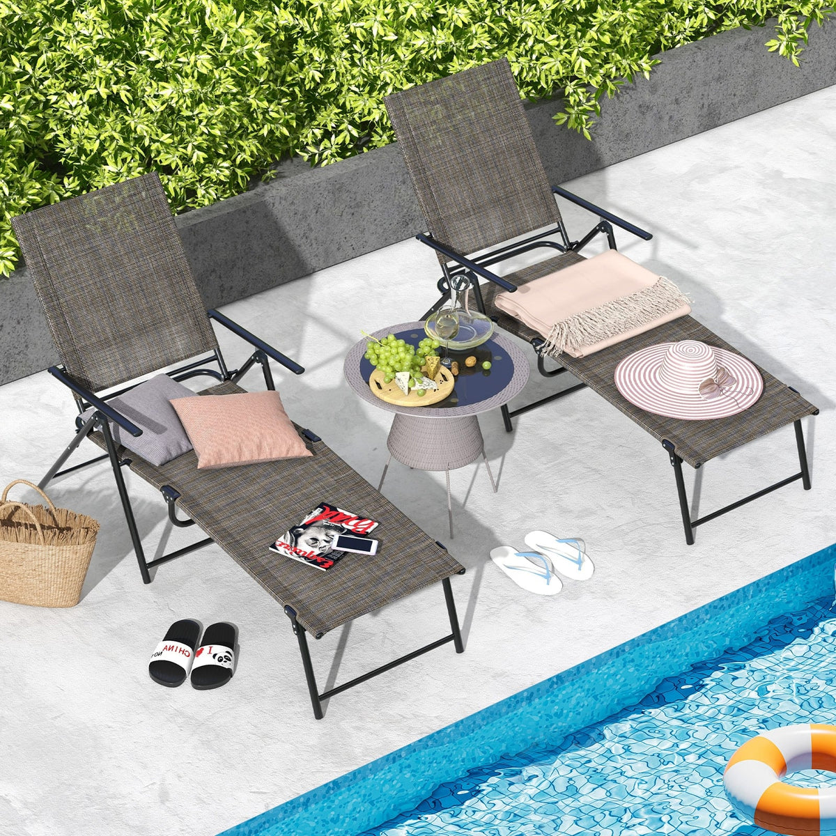 2 Piece Patio Folding Chaise Lounge Chairs Recliner with 6-Level Backrest-Coffee-Outdoor Chaise Lounges-DECOROLALA