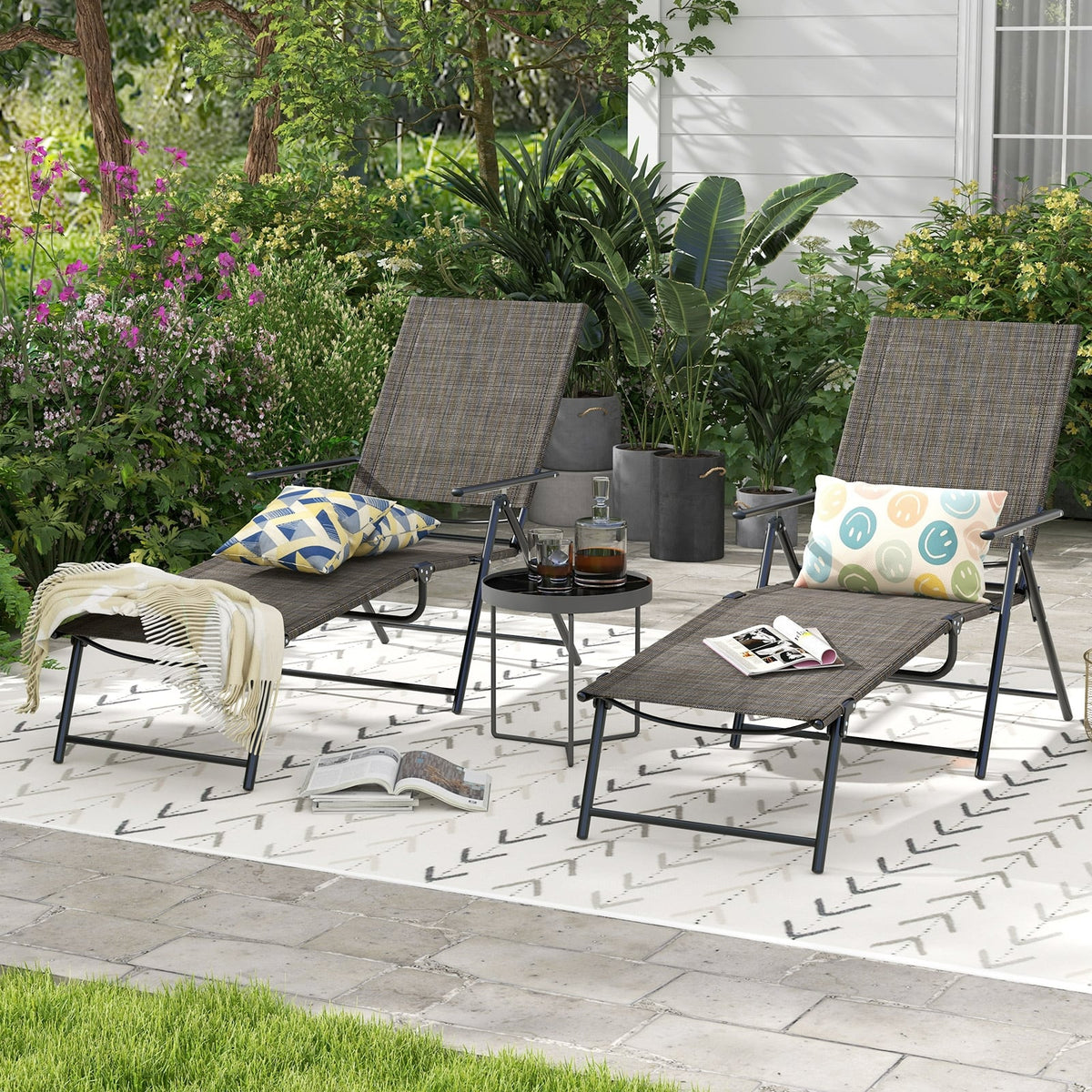 2 Piece Patio Folding Chaise Lounge Chairs Recliner with 6-Level Backrest-Coffee-Outdoor Chaise Lounges-DECOROLALA