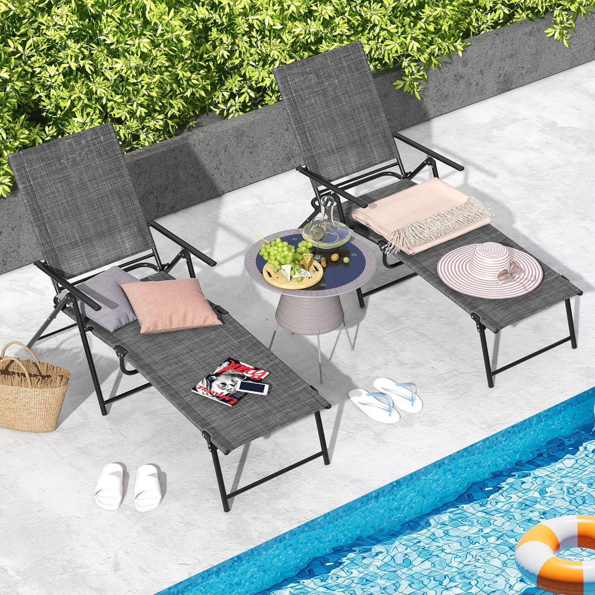2 Piece Patio Folding Chaise Lounge Chairs Recliner with 6-Level Backrest-Gray-Outdoor Chaise Lounges-DECOROLALA