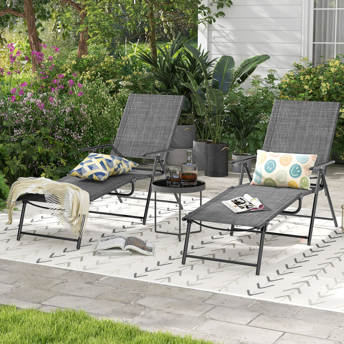 2 Piece Patio Folding Chaise Lounge Chairs Recliner with 6-Level Backrest-Gray-Outdoor Chaise Lounges-DECOROLALA