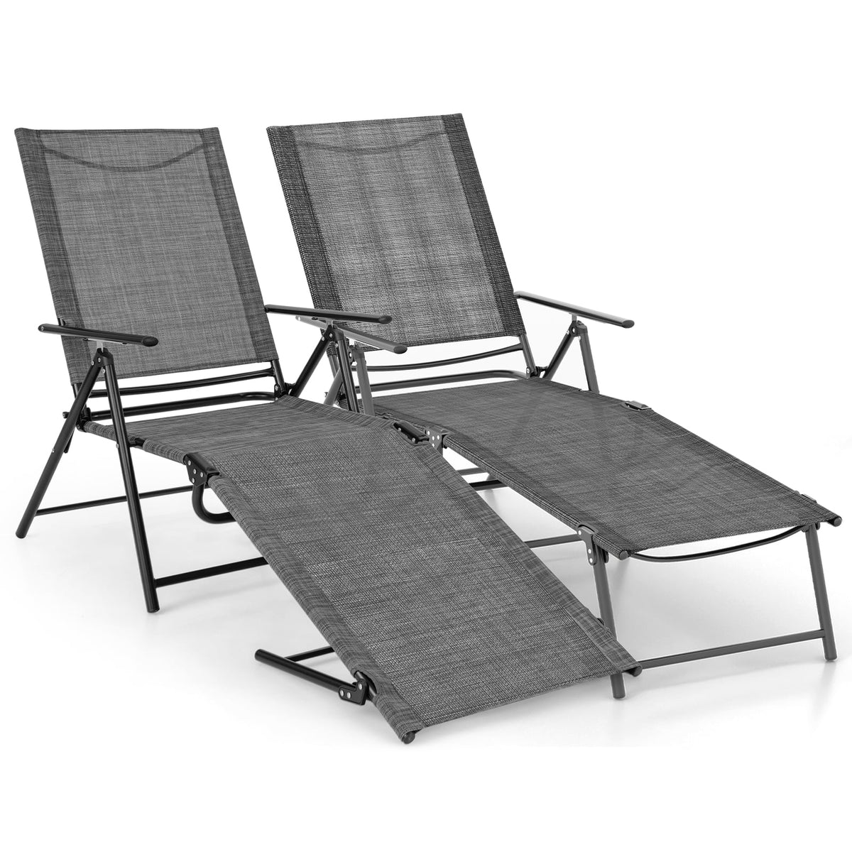 2 Piece Patio Folding Chaise Lounge Chairs Recliner with 6-Level Backrest-Gray-Outdoor Chaise Lounges-DECOROLALA