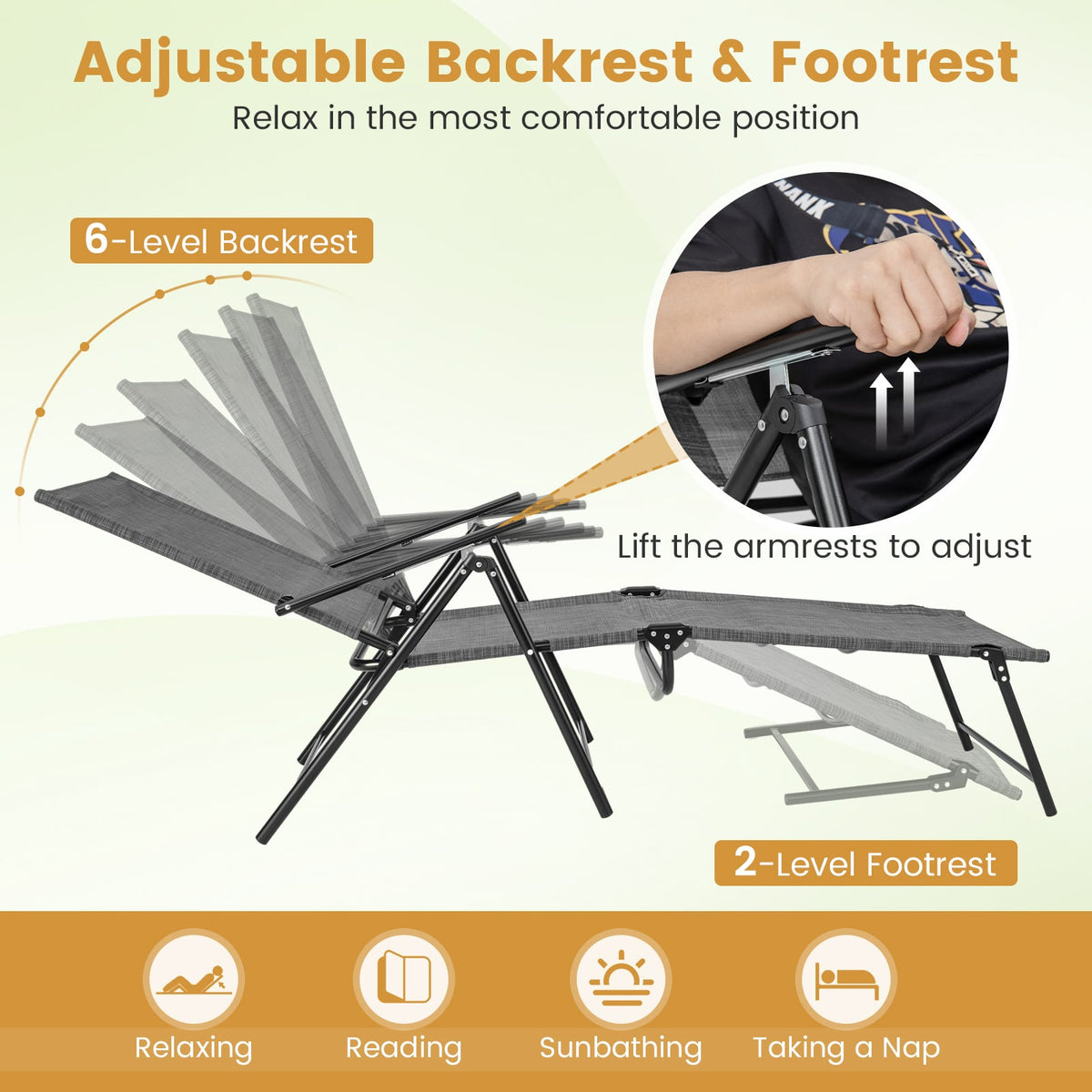 2 Piece Patio Folding Chaise Lounge Chairs Recliner with 6-Level Backrest-Gray-Outdoor Chaise Lounges-DECOROLALA