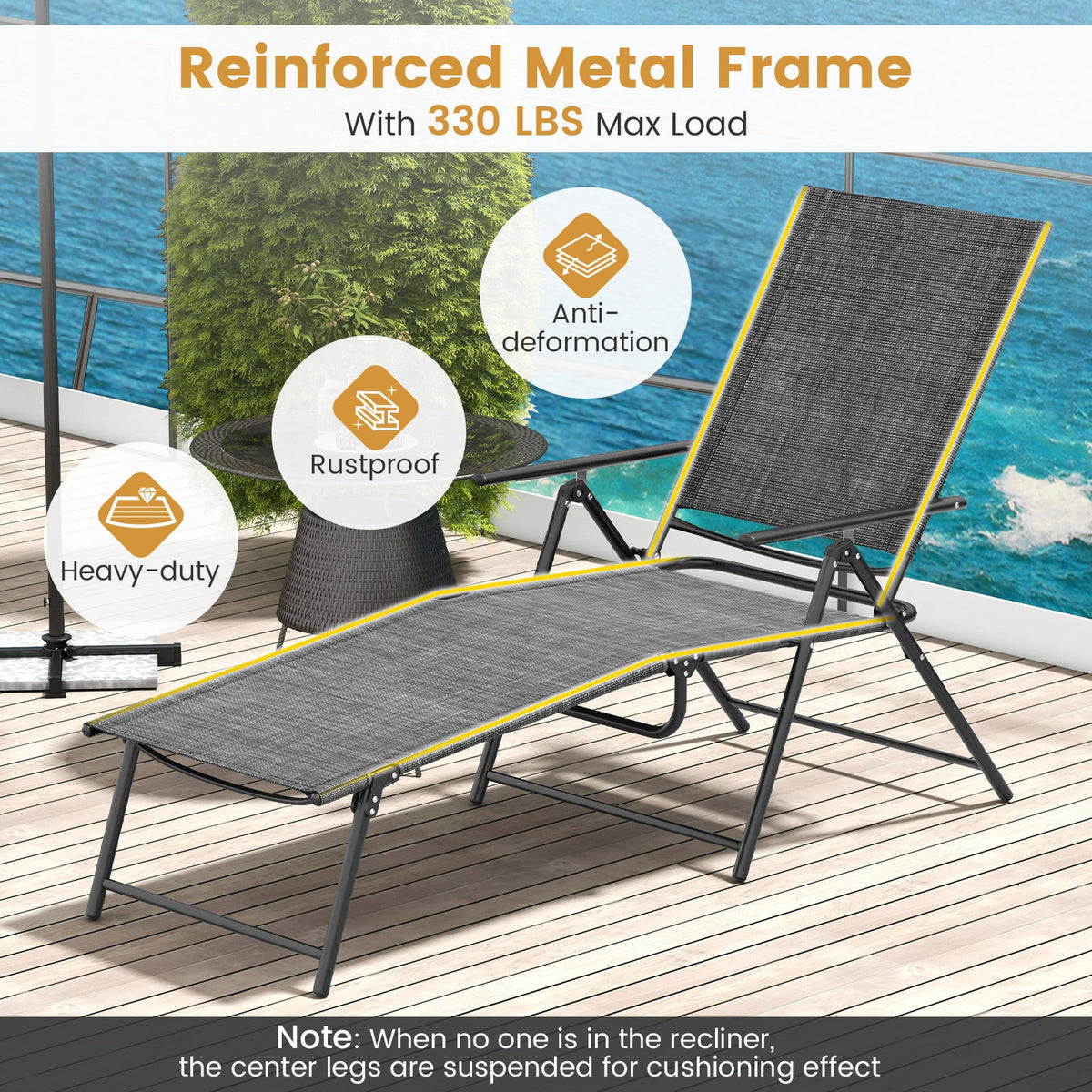 2 Piece Patio Folding Chaise Lounge Chairs Recliner with 6-Level Backrest-Gray-Outdoor Chaise Lounges-DECOROLALA