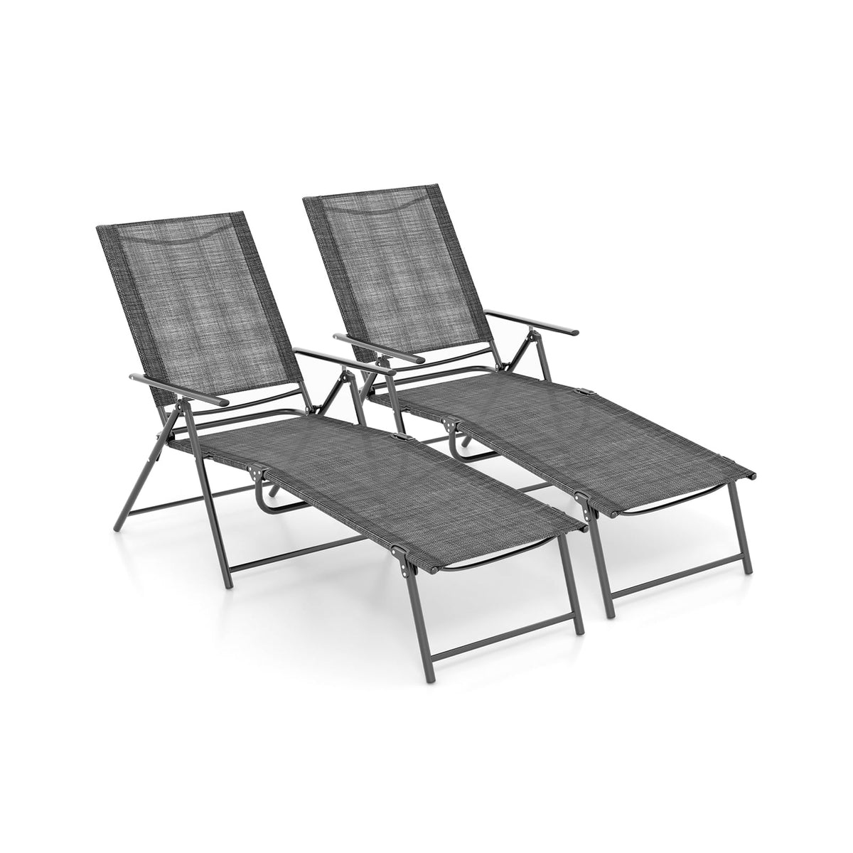 2 Piece Patio Folding Chaise Lounge Chairs Recliner with 6-Level Backrest-Gray-Outdoor Chaise Lounges-DECOROLALA