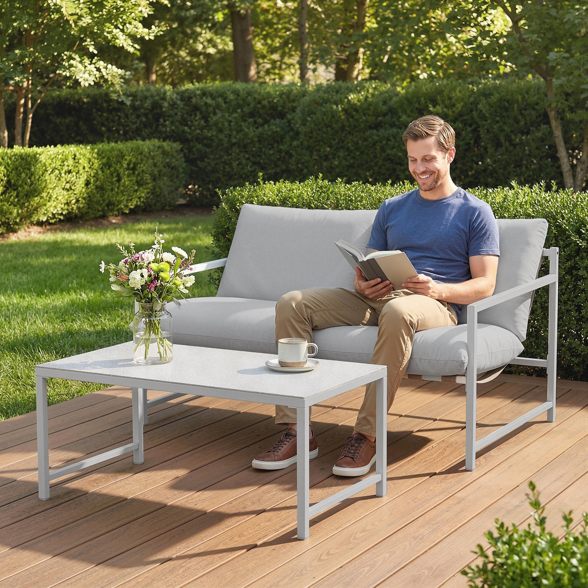 2-Piece Patio Set - Loveseat and Coffee Table, Light Grey-Patio Furniture Sets-DECOROLALA