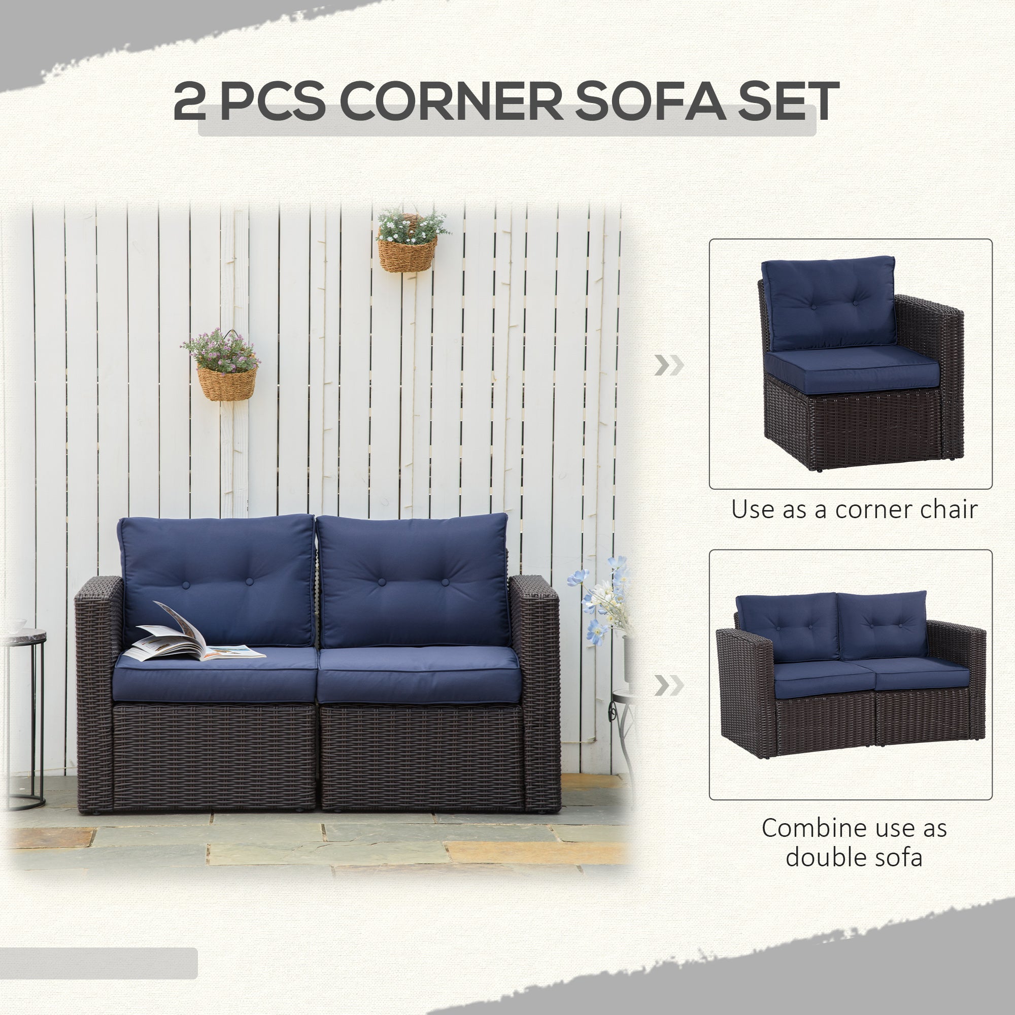 2-Piece Rattan Corner Sofa Set - Dark Blue-DECOROLALA