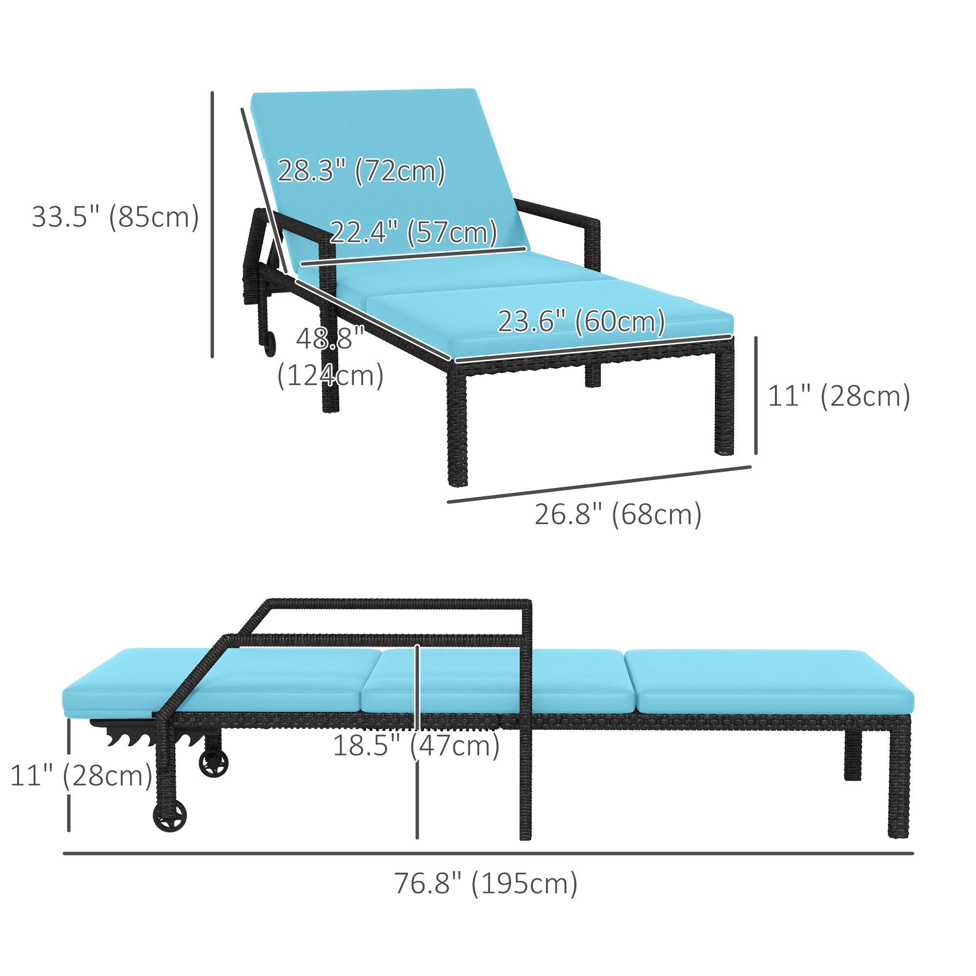 2-Piece Sky Blue Wicker Lounger Set with Adjustable Backrest & Wheels-DECOROLALA