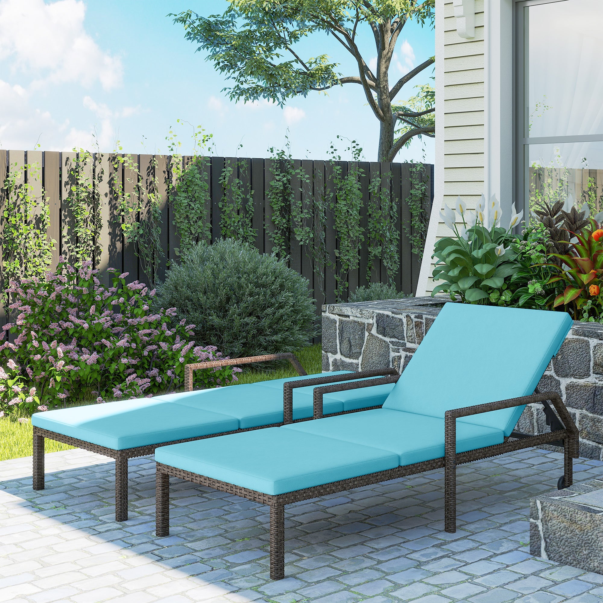 2-Piece Sky Blue Wicker Lounger Set with Adjustable Backrest & Wheels-DECOROLALA