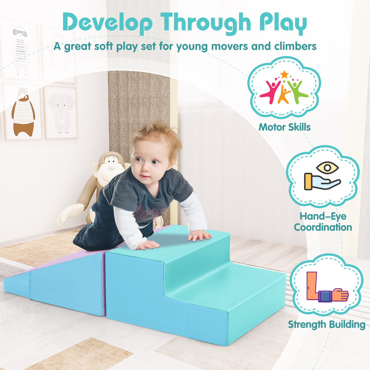2-Piece Step and Slide Climber for Infants and Toddlers Baby Soft Play Set Foam Blocks