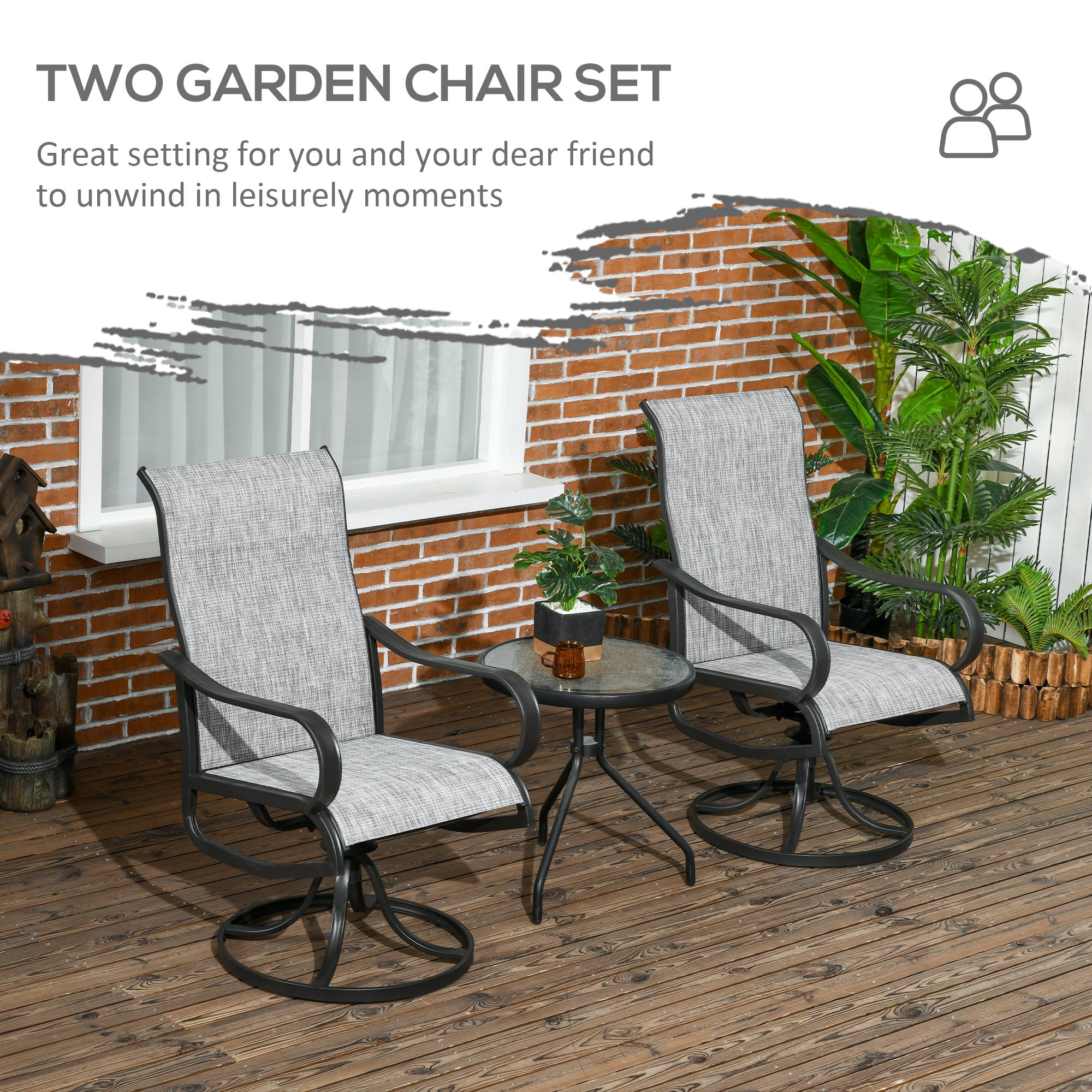 2-Piece Swivel Garden Chairs, Grey 360° Rocking Outdoor Set with Breathable Mesh-DECOROLALA
