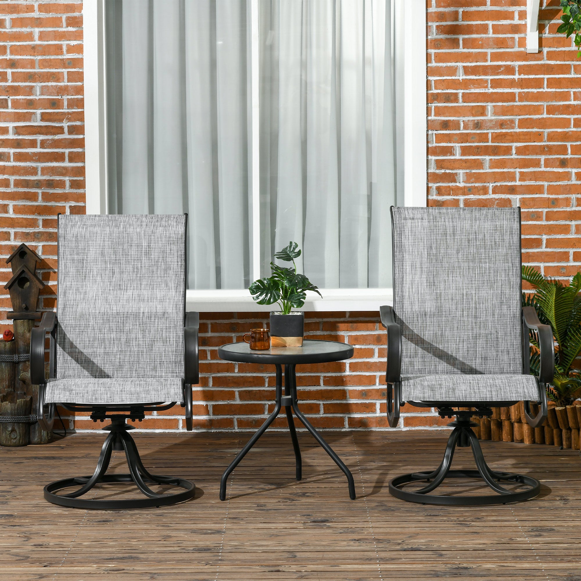 2-Piece Swivel Garden Chairs, Grey 360° Rocking Outdoor Set with Breathable Mesh-DECOROLALA