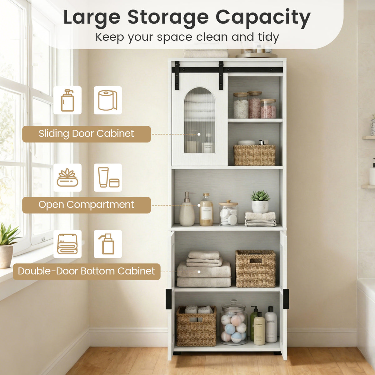 2-Piece White Bathroom Cabinet Set - 59" Tall & 33" Floor Units-Floor Cabinets-DECOROLALA