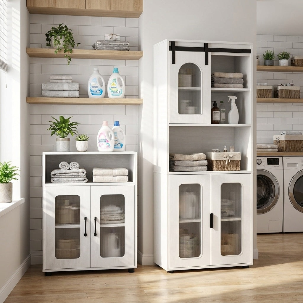 2-Piece White Bathroom Cabinet Set - 59" Tall & 33" Floor Units-Floor Cabinets-DECOROLALA